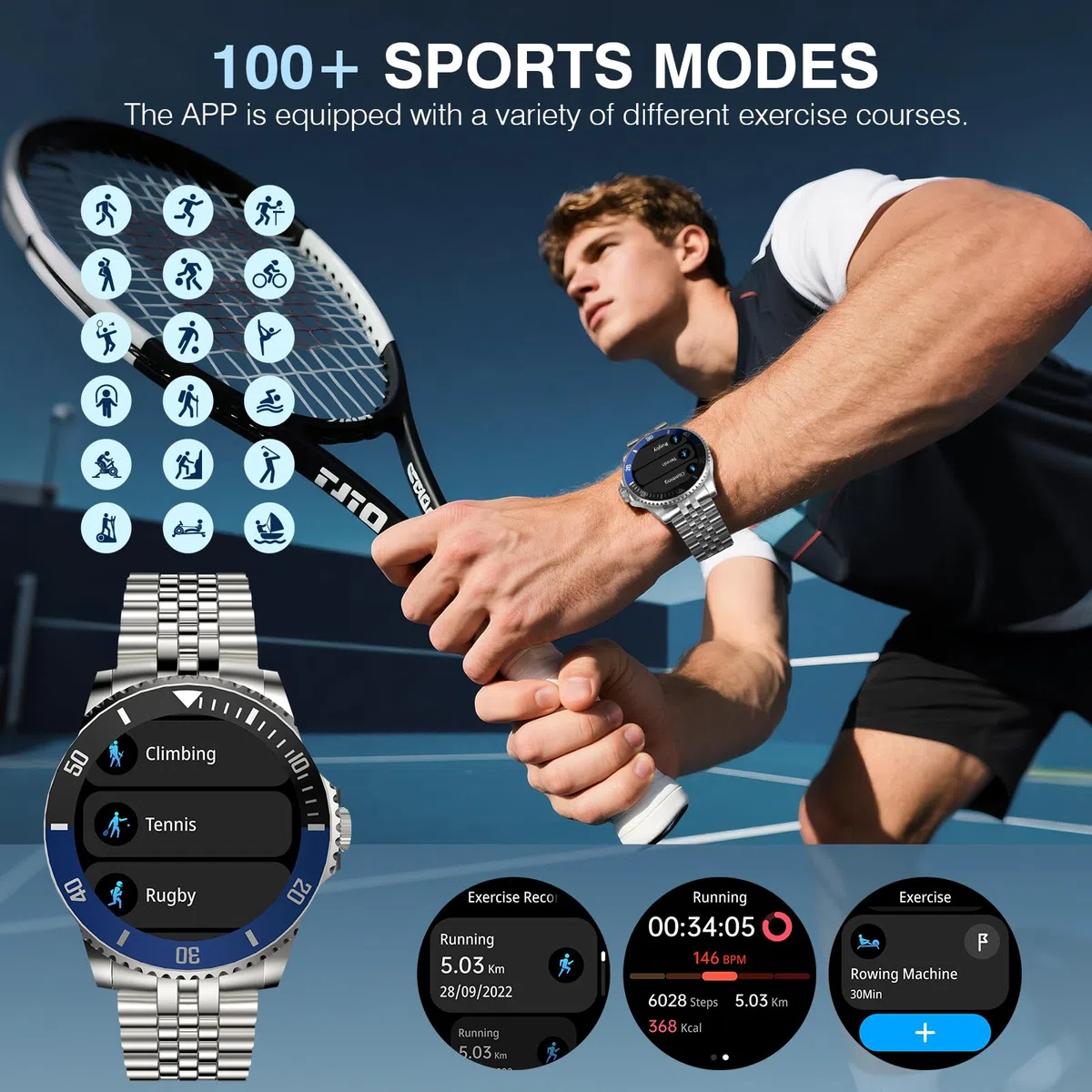 AI Smartwatch Herren, 1,19'' AMOLED Smart Watch mit Bluetooth Anrufe, 107 Sportmodi Fitnessuhr mit Herzfrequenz Schlafüberwachung Schrittzähler, IP67 Wasserdicht Runde Uhr für iOS Android Silber