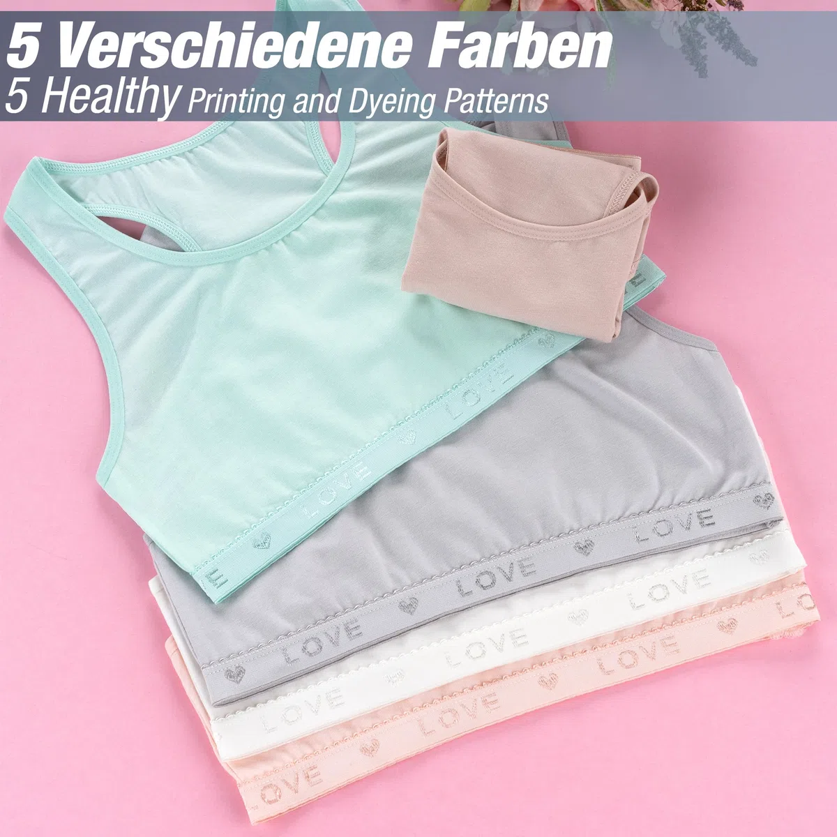 LOREZA ® 5 Mädchen Bustier Baumwolle Strass & Glitzer Sport BH