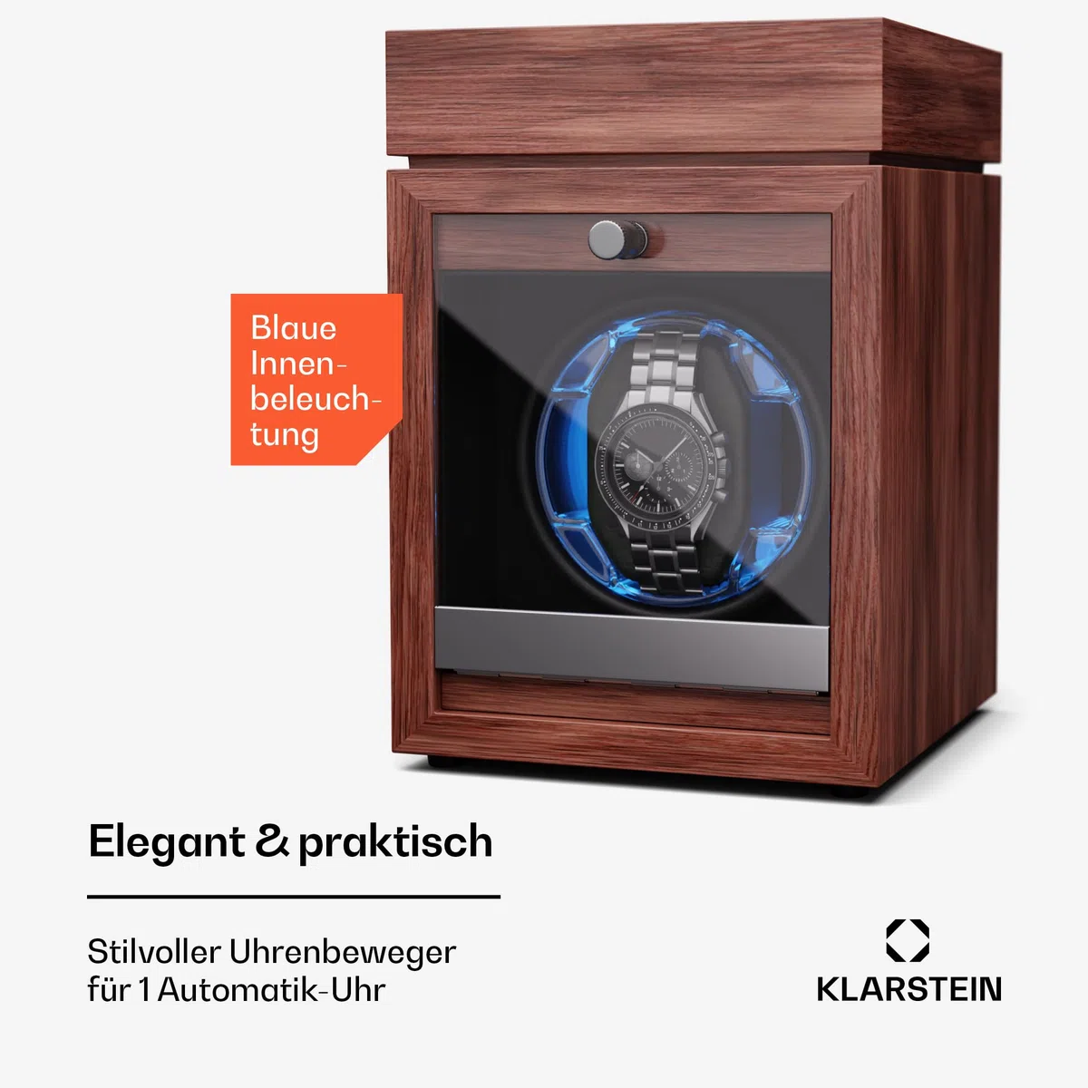 Klarstein Uhrenbeweger für Automatikuhren, Automatik-Uhrenbeweger für 1 Uhr mit Acryl-Tür, Automatischer Blaue LEDs, Watch Winder mit 4 TPD Einstellungen