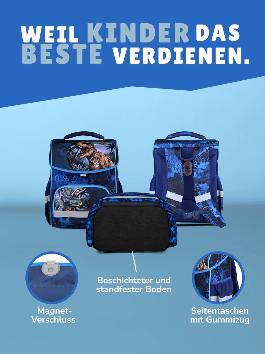 Familando - Basic-Plus Schulranzen Set - 10-teilig mit Schultüte - T-REX Dino - Ergonomisch, stabil & 850g leicht - 15L Volumen - Brustgurt & Reflektoren - Für Grundschule ab 1. Klasse