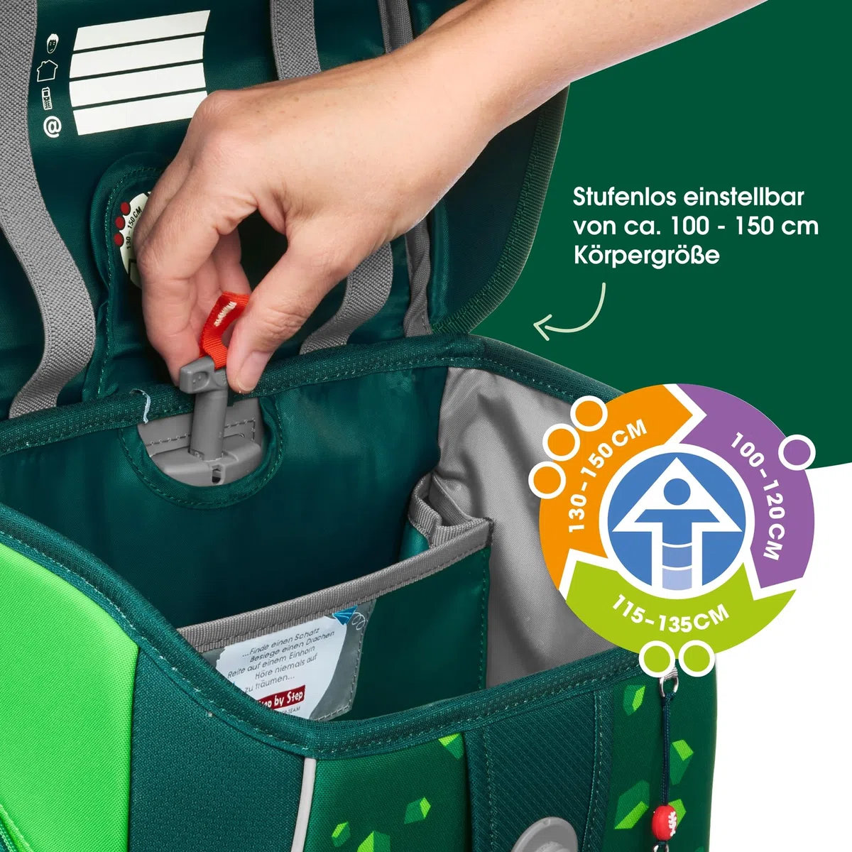 Step by Step Schulranzen-Set SPACE „Dino Targo“ 5-teilig, grün, Dino-Design, ergonomischer Tornister mit Reflektoren, höhenverstellbar mit Hüftgurt für Jungen ab der 1. Klasse, 20L
