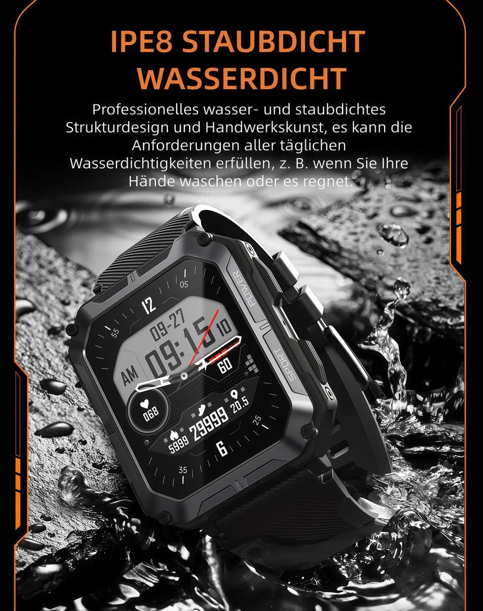 Thor Die Stabilste Smartwatch Originale smarte Sportuhr für Herren mit Telefonfunktion, Schrittzählung, Herzfrequenzüberwachung und Blutdruckmessung (orange Farbe)