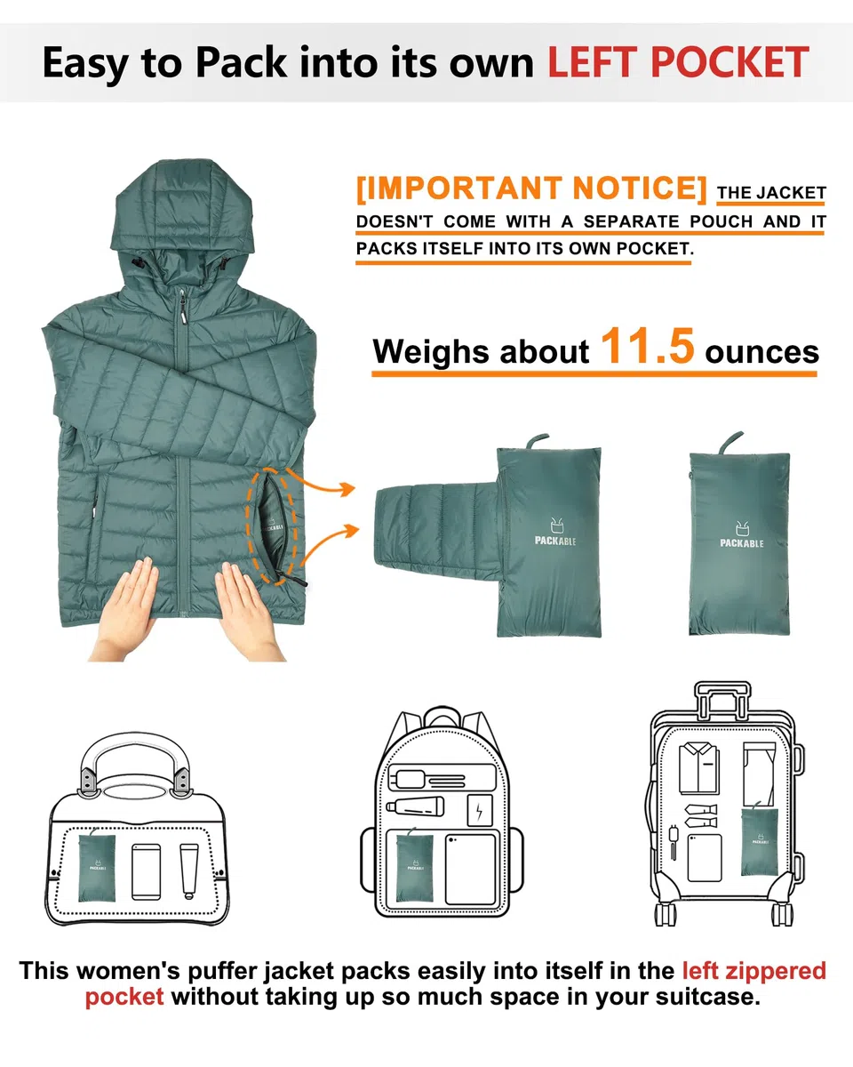 Outdoor Ventures Damen Steppjacke Leichte Packbare Übergangsjacke Warme Winterjacke mit Kapuze für Frauen Gefüttert Pufferjacke mit Taschen für Freizeit Wandern Reisen