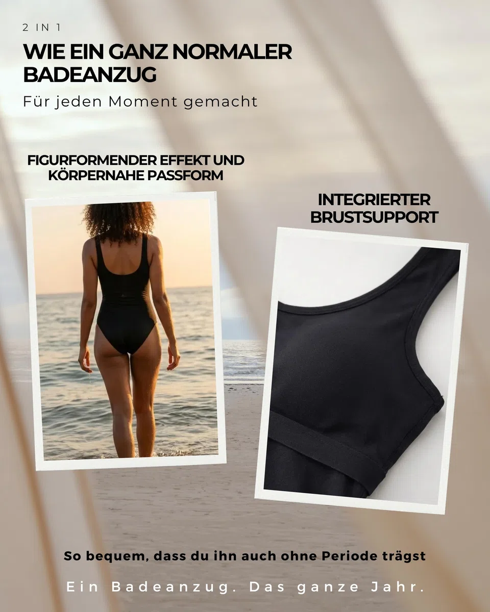 Perioden Badeanzug 1-teilig Damen & Mädchen mit AquaSecure Technologie | Menstruations Badeanzug | Leichter bis Mittlerer Fluss | Anti-UV | Schwimmen, Strand & Meer | Öko, Komfort, Softfit, Oeko-TEX