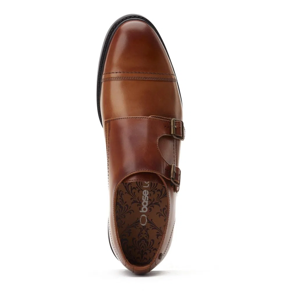 Base London Diablo Herren-Schuhe aus gewachstem Leder, doppelter Mönchriemen, Hellbraun