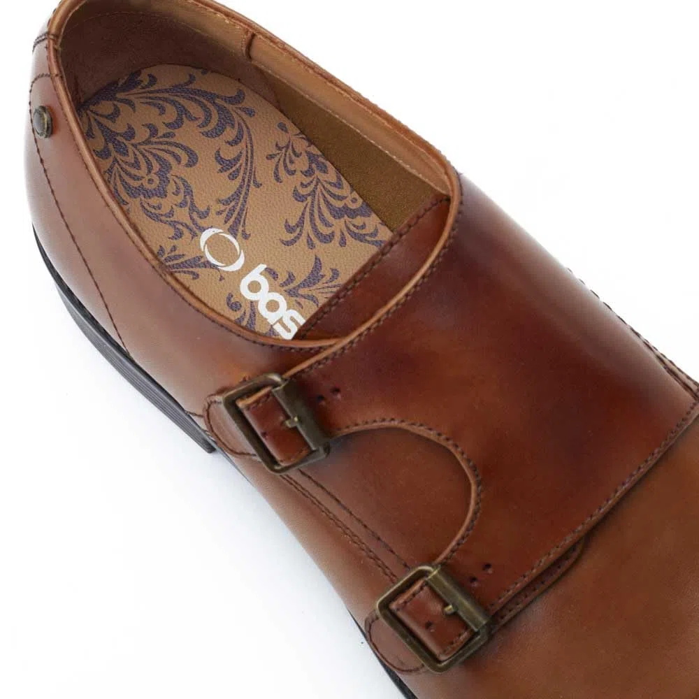 Base London Diablo Herren-Schuhe aus gewachstem Leder, doppelter Mönchriemen, Hellbraun
