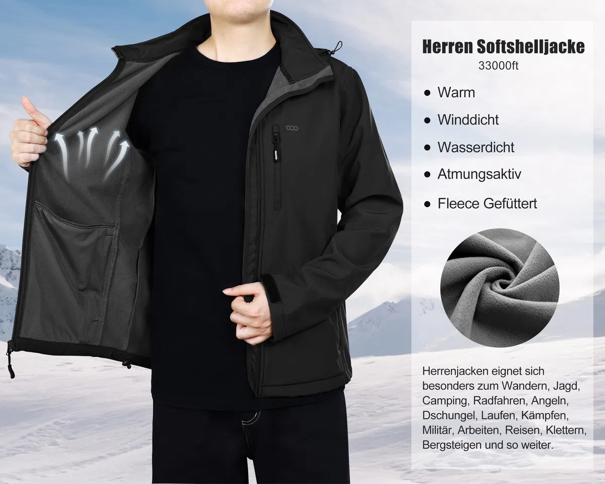 33,000ft Softshelljacke für Herren Wasserdicht Winterjacke Winddicht Warme Fleece Gefüttert Windbreaker Funktionsjacke Outdoorjacke für Wandern Fahrrad Camping