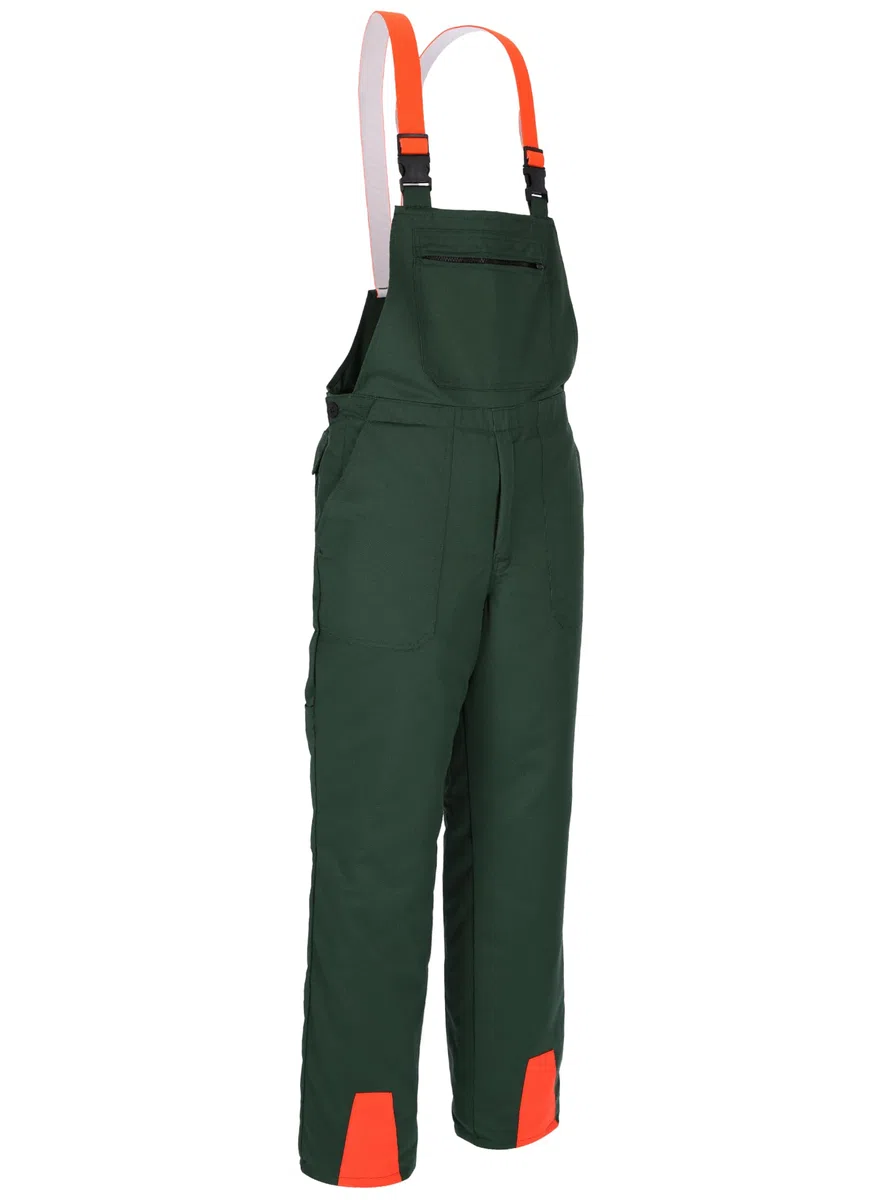SWS Forst Schnittschutz-Latzhose (Größe 46-60) – Schutzklasse 1 Form A – Verstellbare Hosenträger – Schnittschutzhose mit Warnkeilen – 100 % Polyester – grün/Leuchtorange