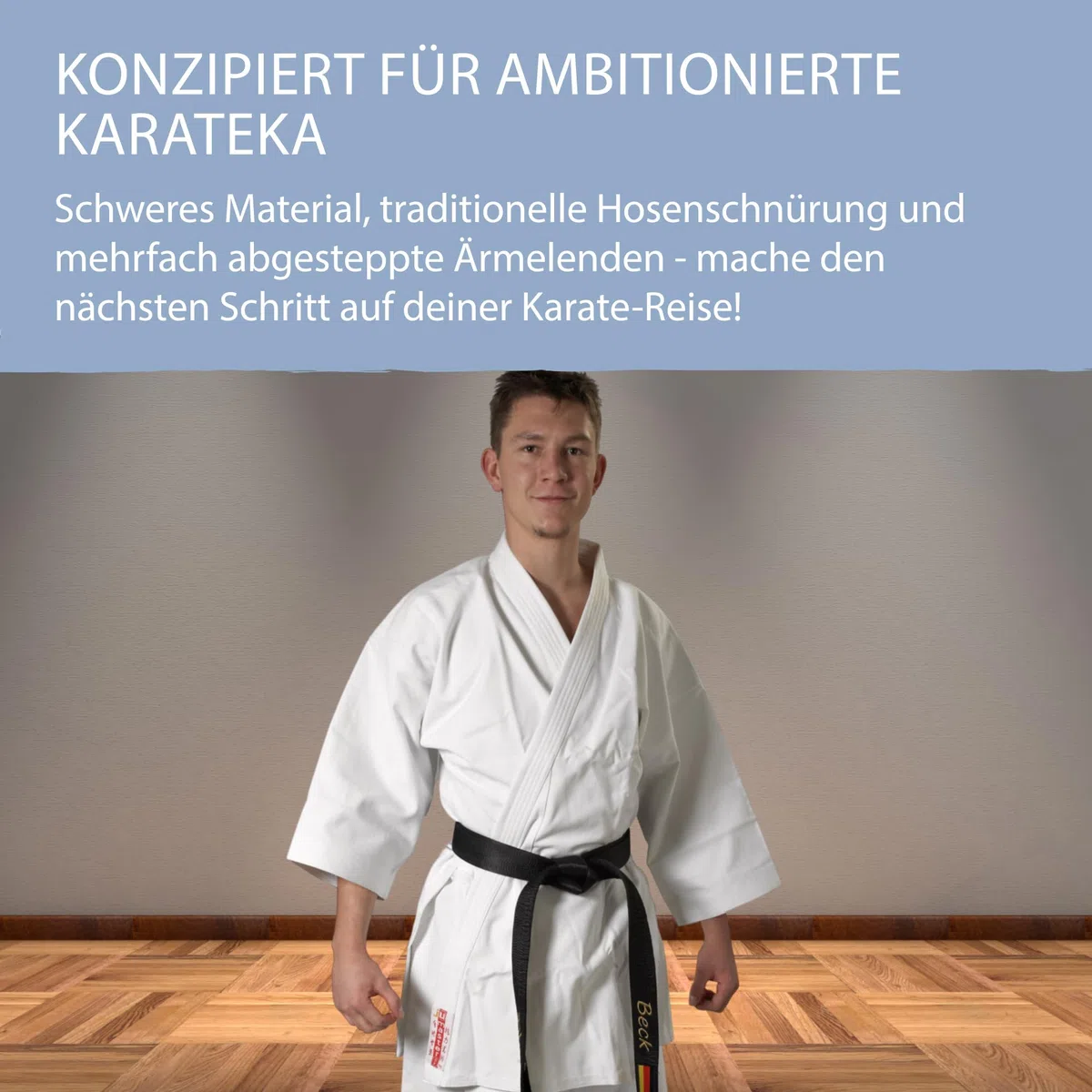 Ju-Sports Karate Anzug Master weiß 16 oz. I Schwerer Karateanzug im kurzem Kata-Schnitt I Kimono mit traditioneller Hosenschnürung I Ärmelenden absteppt für lauten Soundeffekt I 100% Baumwolle