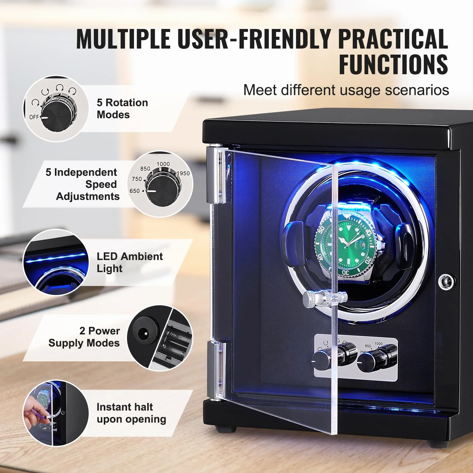 VEVOR Uhrenbeweger, Automatik-Uhrenbeweger, Watch Winder, Uhrenbeweger für Automatikuhren, Automatischer Uhrenbeweger mit Platz für 1 Uhr, LED Beleuchtung, 150–207 mm Einstellbare Riemenlänge