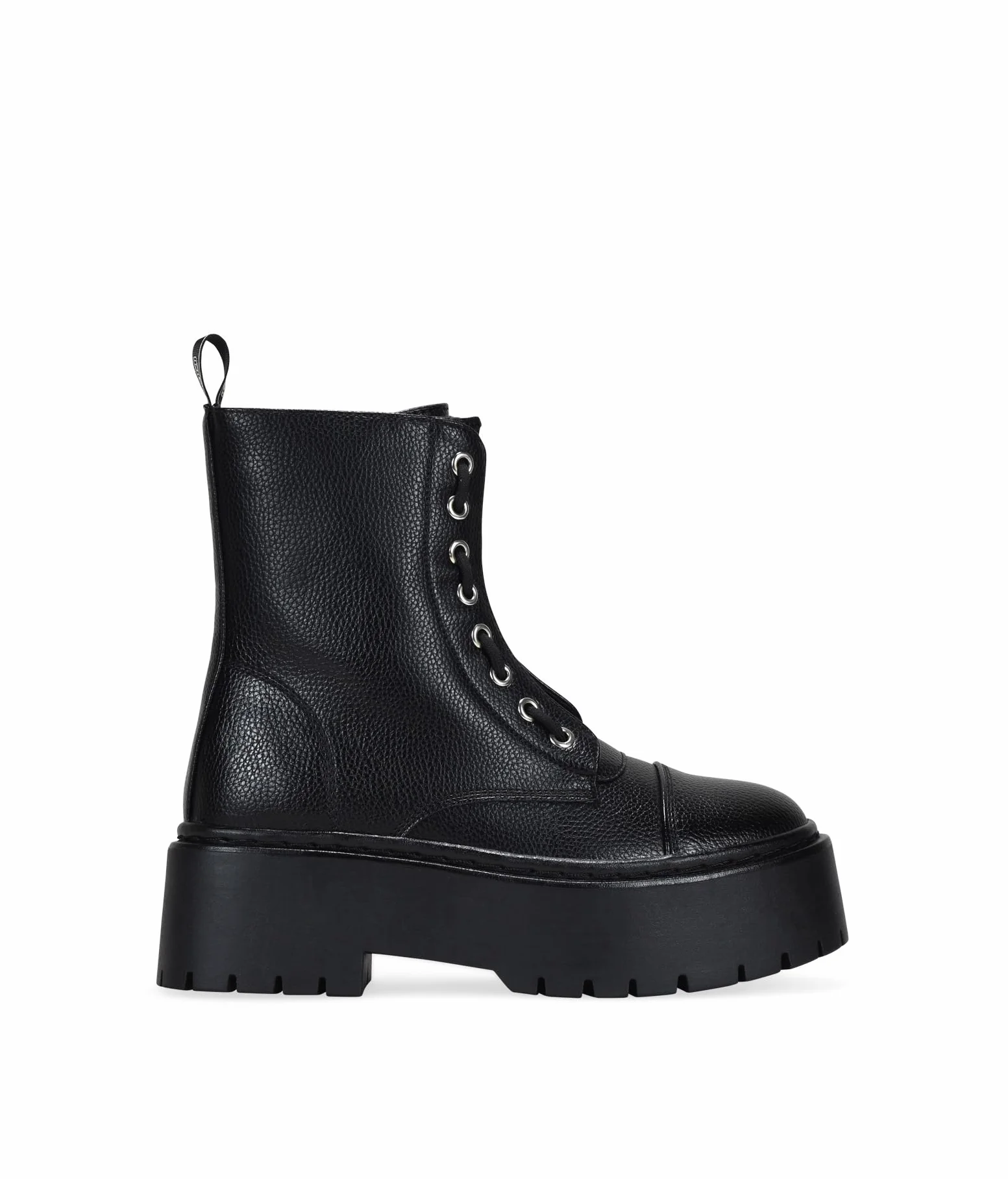 BOSANOVA Schwarze Militärstiefel für Damen, Punk-Stil, mittiger Reißverschluss, vertikale Schnürung und 5,5 cm gezackte Plateausohle, Reißverschluss