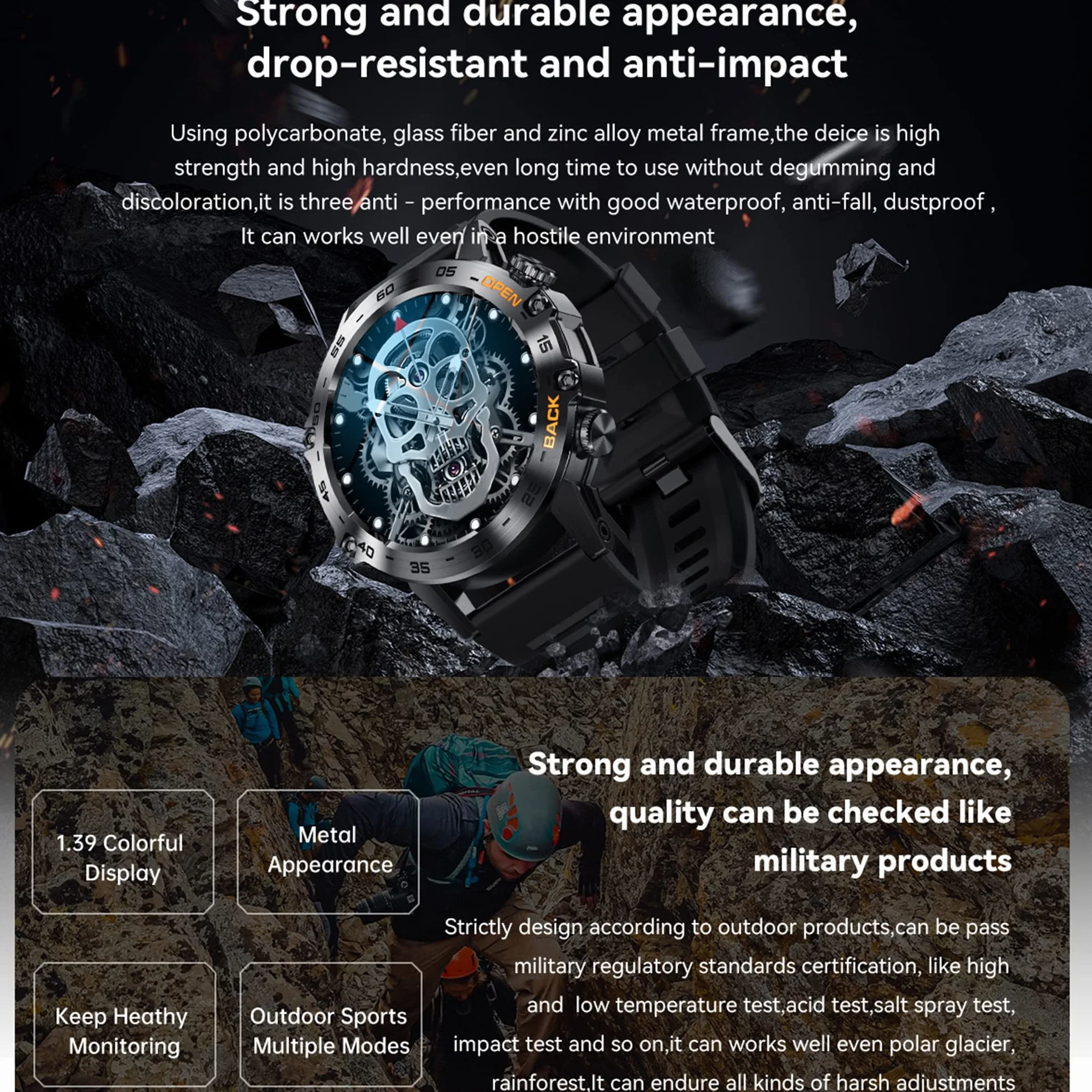 Smartwatch Herren mit Telefonfunktion,1,39”Touchscreen 5ATM Wasserdicht Sportuhr mit Blutdruckmessung, SpO2, 100+ Sportmodi, Outdoor Fitness Tracker Militär Uhr kompatibel mit iOS Android (Schwarz)