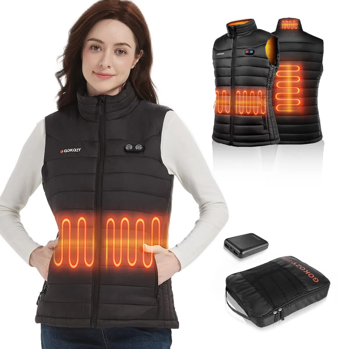 Gokozy Beheizbare Weste Damen mit Powerbank 10000mAh 5 Heizzonen Heizweste Schnelles Aufheizen Elektrische Leichte Beheizte Weste