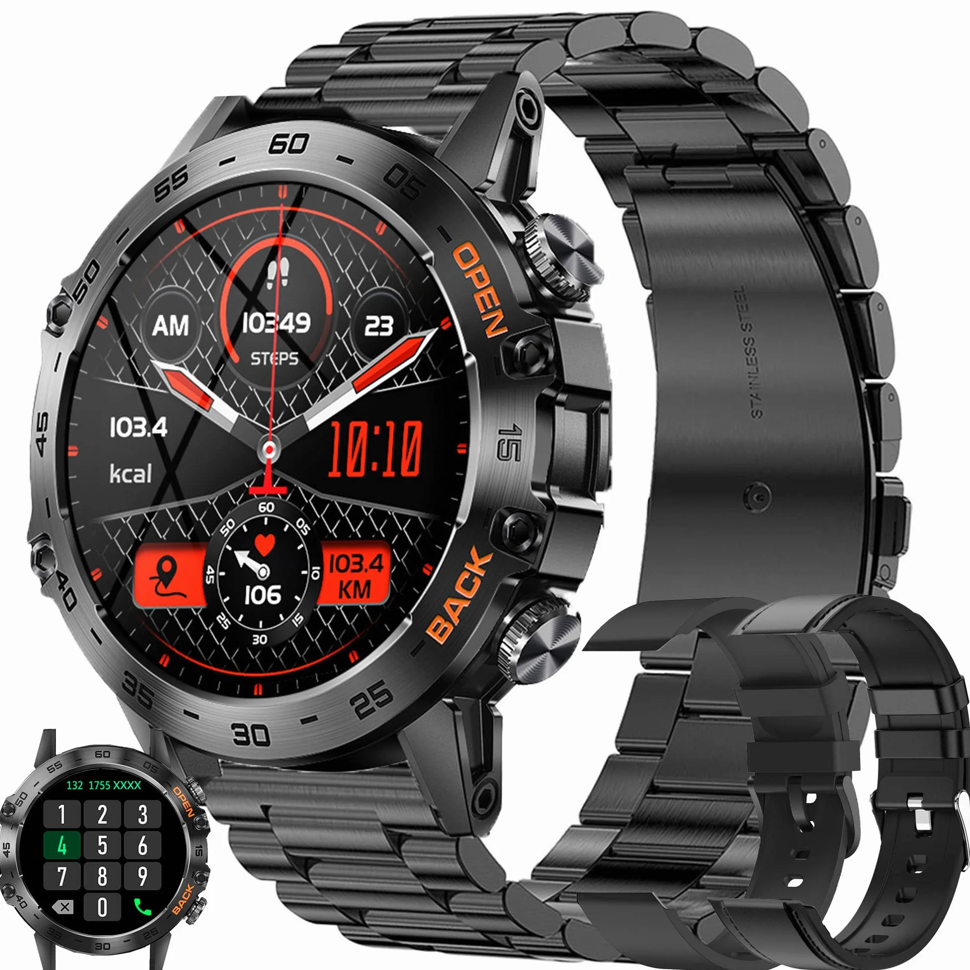 Smartwatch Herren mit Telefonfunktion,1,39”Touchscreen 5ATM Wasserdicht Sportuhr mit Blutdruckmessung, SpO2, 100+ Sportmodi, Outdoor Fitness Tracker Militär Uhr kompatibel mit iOS Android (Schwarz)
