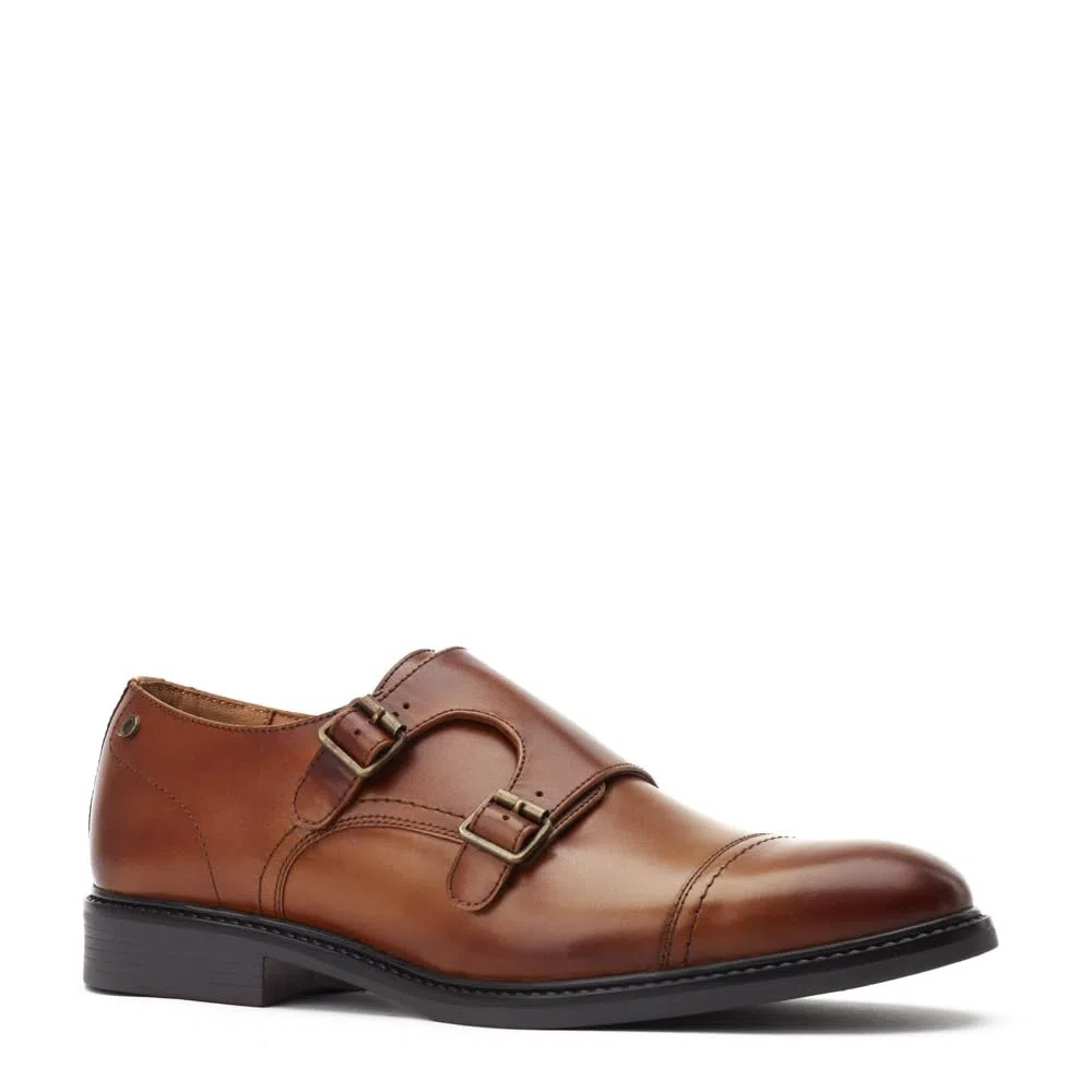 Base London Diablo Herren-Schuhe aus gewachstem Leder, doppelter Mönchriemen, Hellbraun