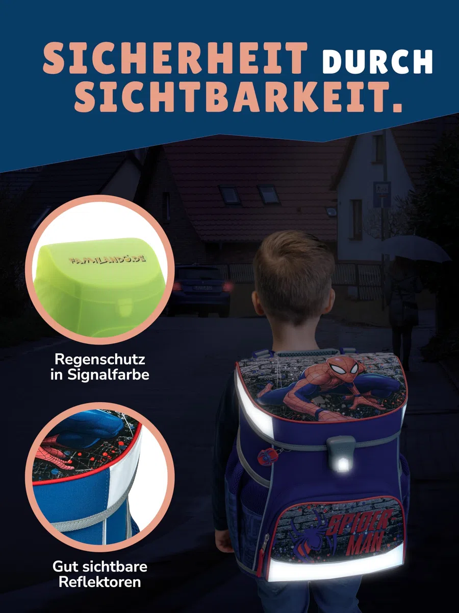 Familando - Scooli Campus Fit Schulranzen Set mit Spiderman - 9-teilig mit Sporttasche - Ergonomisch, Stabil & 980g leicht - 18L Volumen - Brustgurt & Reflektoren - ab 1. Klasse