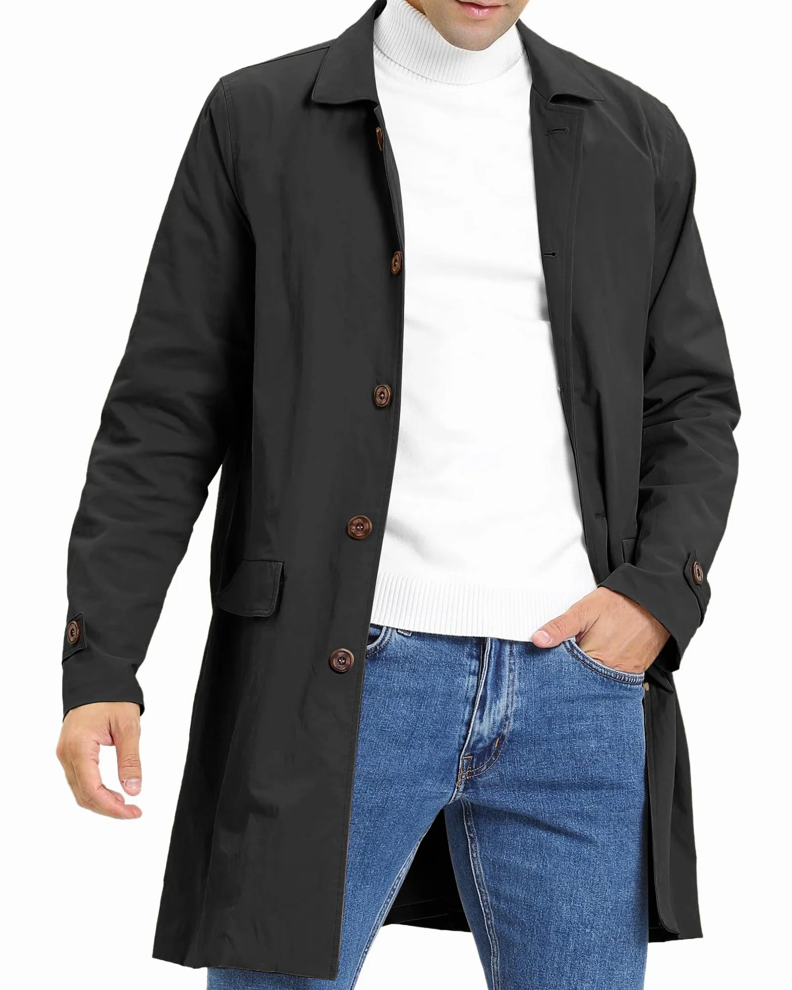 Herren Trenchcoat Einreihig Lang Mantel Leichter Revers Herbst Winter Jacke Übergangsjacke