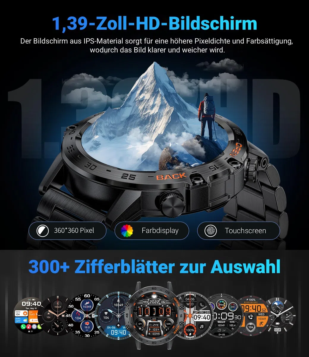 LIGE Smartwatch Herren mit Telefonfunktion, 1,39 Zoll Militär Smart Watch mit 24H Herzfrequenz, Blutdruck, Schlafdauer, 100+ Sportmodi Fitnessuhr, 300+ Zifferblätter, IP67 Wasserfest, Schwarz