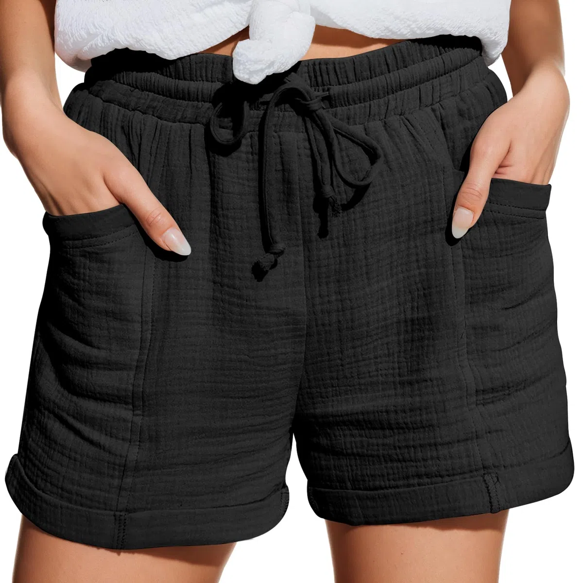 Musselin Kurze Hose Damen Sommer Leinen Shorts Damen Baumwolle Weite Kurze Hosen mit Taschen Lässige Stoffhose mit Kordelzug Leinenhose