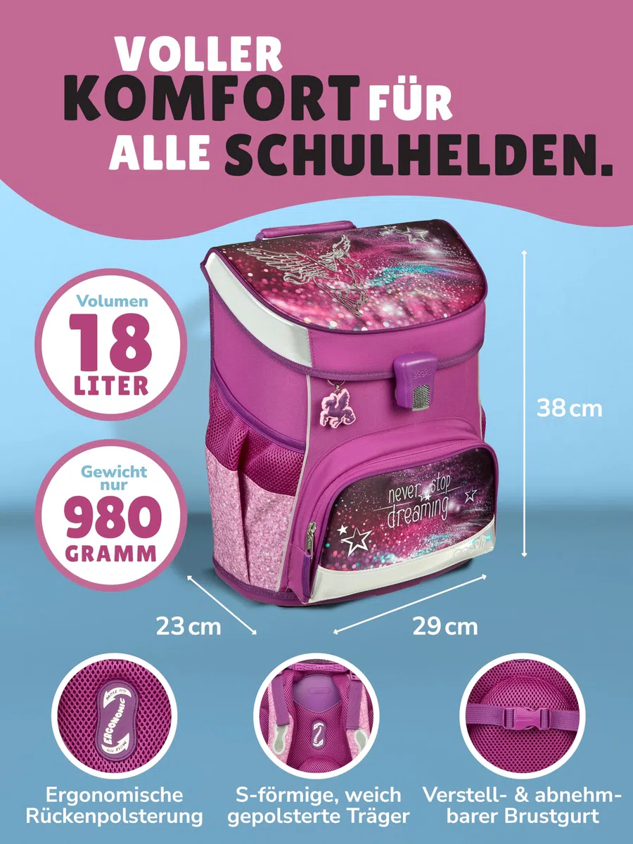 Familando - Scooli Campus Fit Schulranzen Set - 9-teilig mit Sporttasche - Pegasus Violett - Ergonomisch, Stabil & 980g leicht - 18L Volumen - Brustgurt & Reflektoren - Für Grundschule ab 1. Klasse
