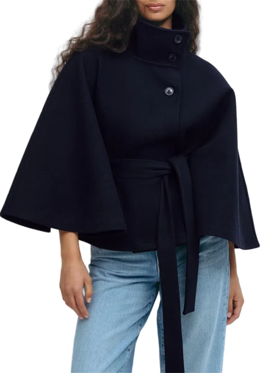 Generisch Damen-Poncho mit Fledermausärmeln, übergroßer, trendiger, lässiger Umhang mit Gürtel, Oberbekleidung mit Schalkragen für Herbst und Winter