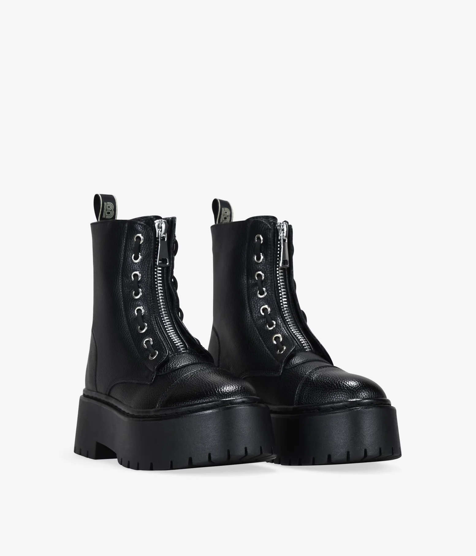 BOSANOVA Schwarze Militärstiefel für Damen, Punk-Stil, mittiger Reißverschluss, vertikale Schnürung und 5,5 cm gezackte Plateausohle, Reißverschluss