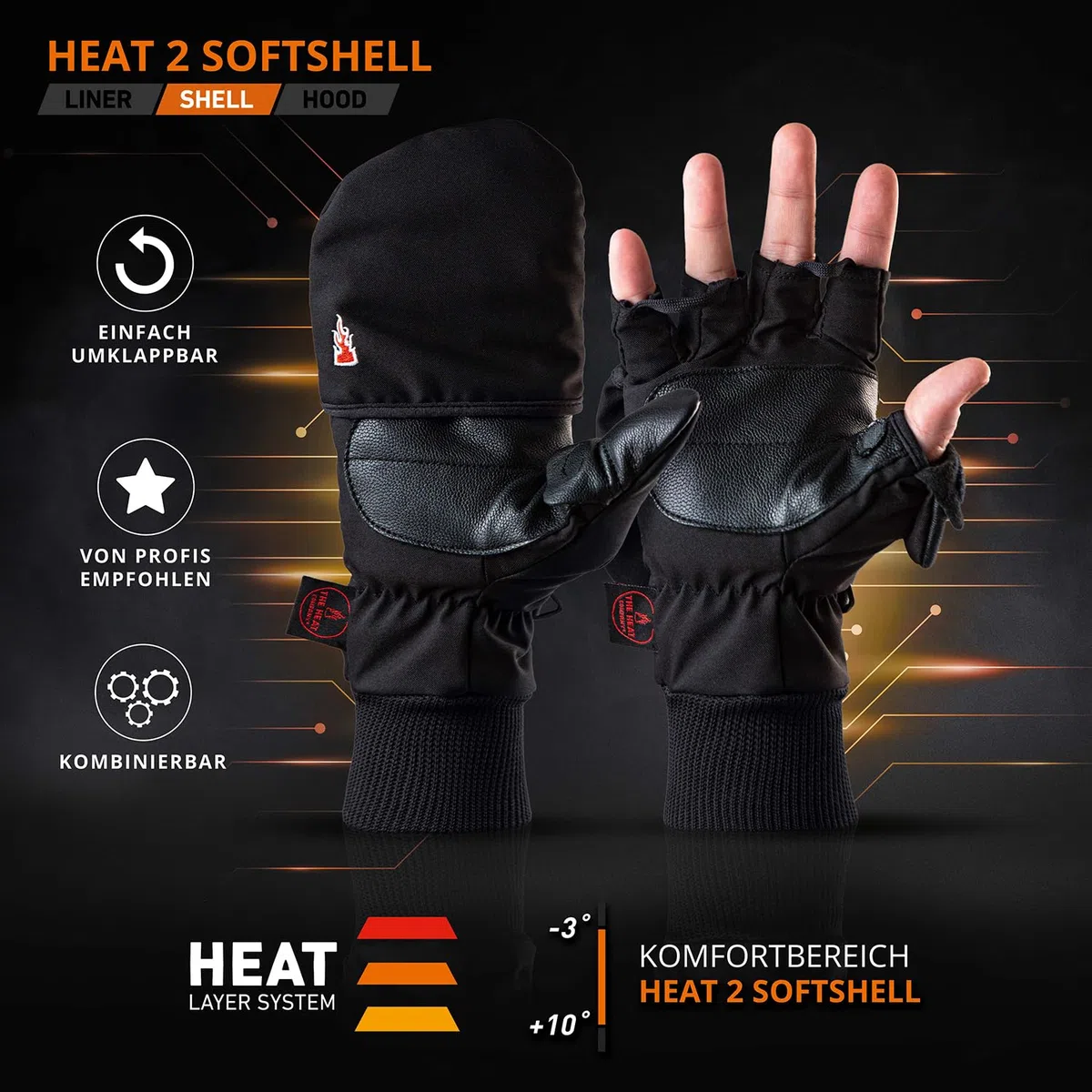 THE HEAT COMPANY - Heat 2 Softshell - Fingerloser Handschuh und Fäustling in einem - Premium Qualität - warme Winterhandschuhe & Fahrradhandschuhe - gegen Kälte bei Sport, Arbeit & Outdoor