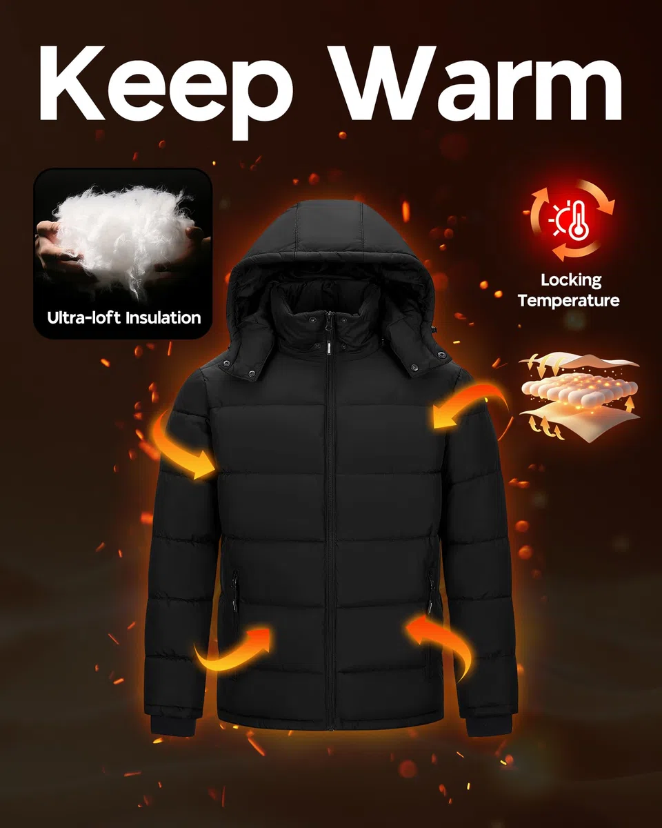 Outdoor Ventures Herren Leichte Steppjacke Wasserdichte Übergangsjacke Winddichte Warme Winterjacke Männer Daunenjacken Winterparka mit Gefüttert Abnehmbare Kapuze Stehkragen