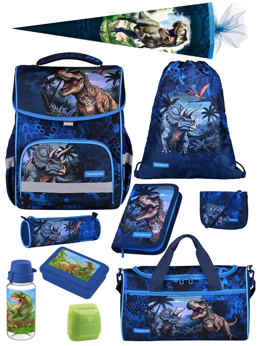 Familando - Basic-Plus Schulranzen Set - 10-teilig mit Schultüte - T-REX Dino - Ergonomisch, stabil & 850g leicht - 15L Volumen - Brustgurt & Reflektoren - Für Grundschule ab 1. Klasse