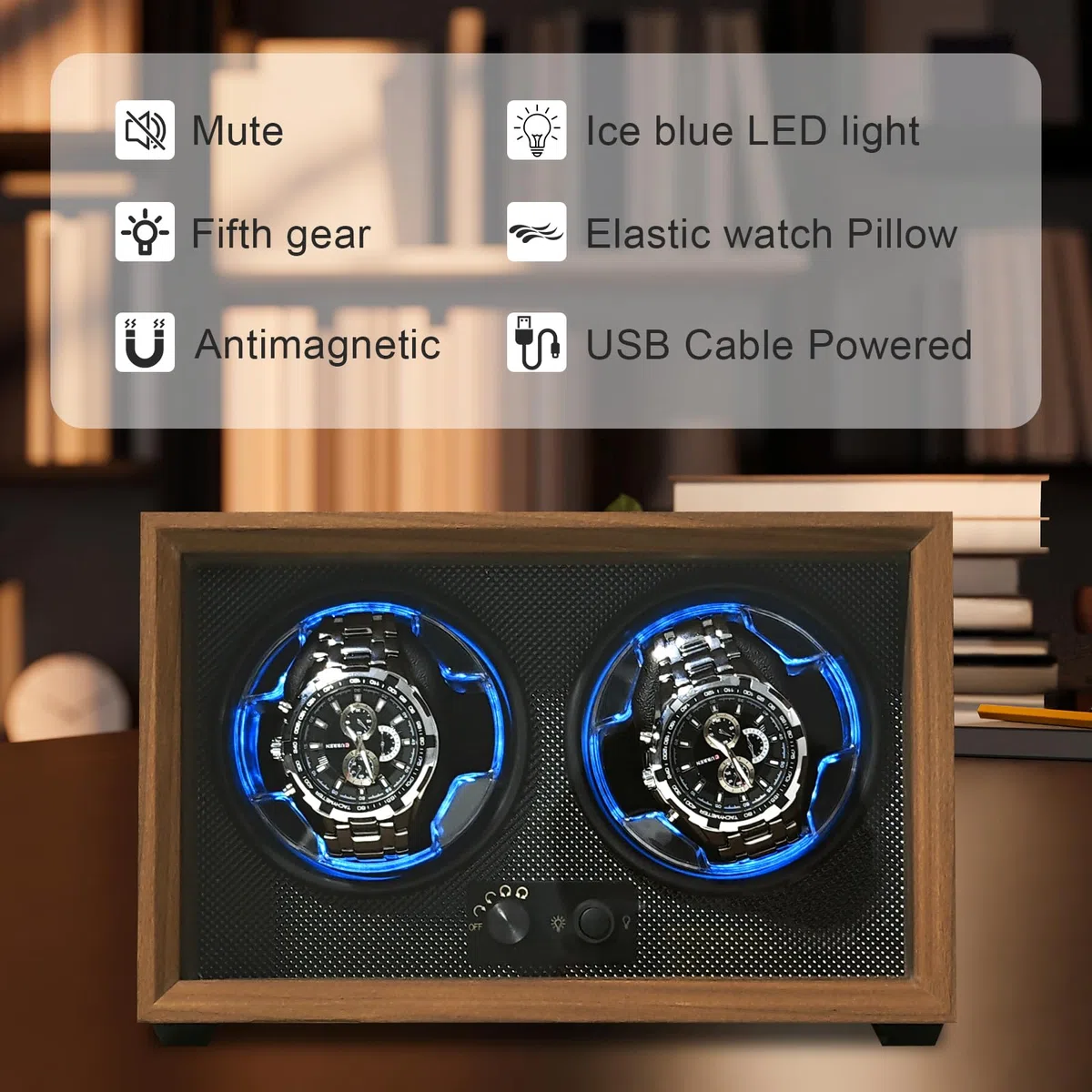 Isili Doppel Uhrenbeweger für Automatikuhren, Dual Uhrenbeweger Box für Uhrenliebhaber, mit leisem Motor 4-Rotationsmodus Einstellung, blaues Licht, elastische Uhrenkissen, Geschenk für Mann