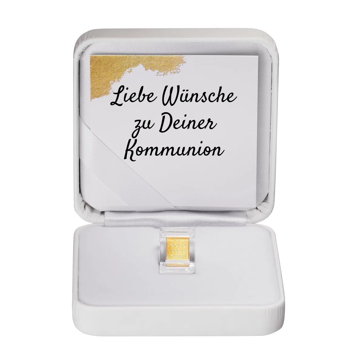Goldstücke24 - Geschenk zur Kommunion - Goldbarren 1g in hochwertiger Kapsel inkl. Etui (weiß) und Grußkarte - Gold zur Kommunion verschenken