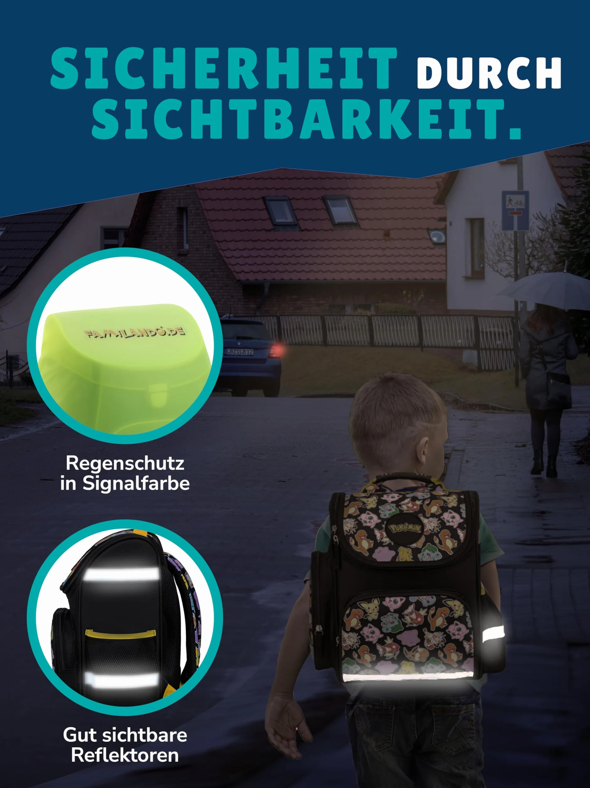 Familando - Schulranzen Set - 6-teilig mit Sporttasche - Pokémon (Pikachu Motiv) - Ergonomisch, stabil & mit gepolstertem Rücken - 1010g leicht - 18L Volumen - Mit Reflektoren - ab 1. Klasse