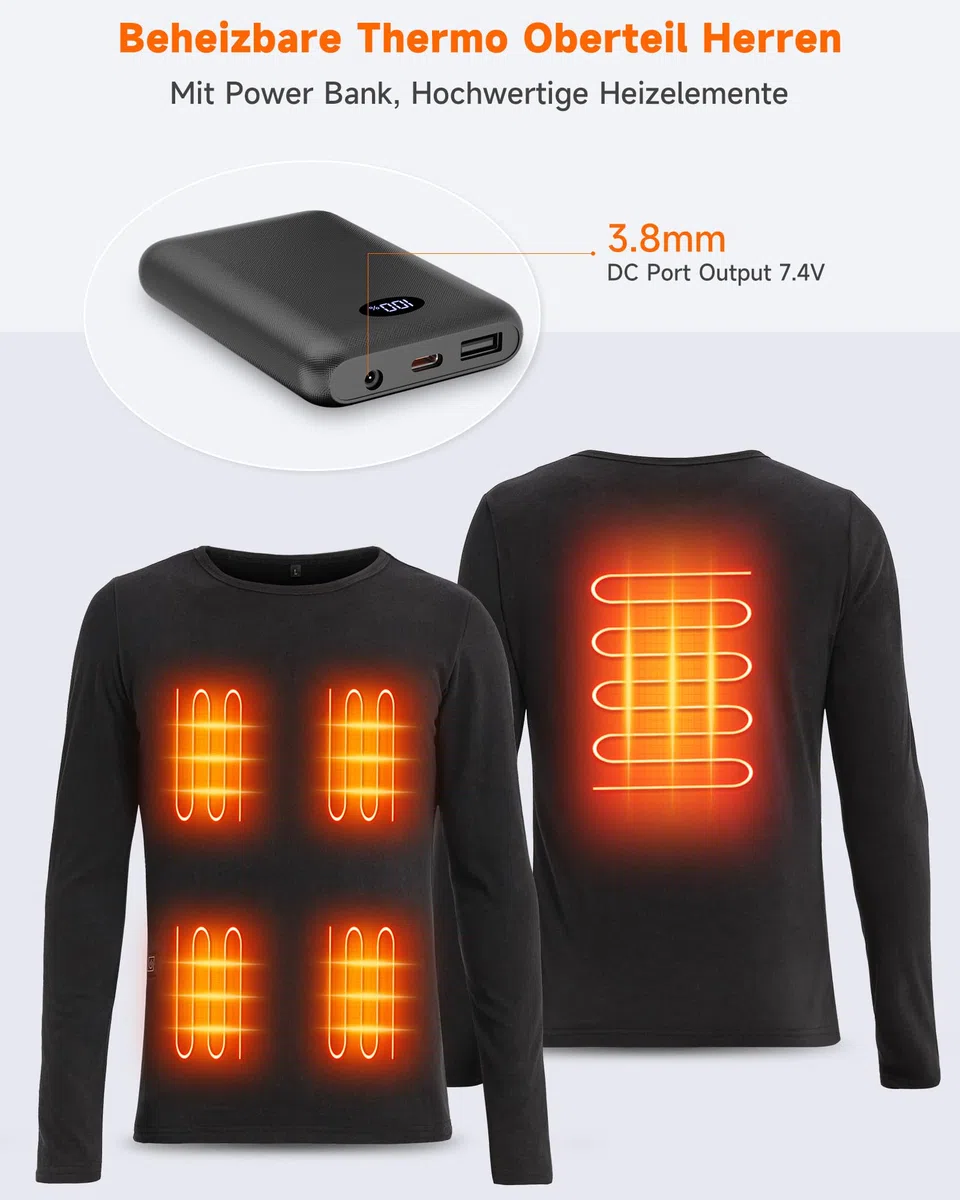Beheizbare Langarm Shirt Herren mit Power Bank Mittelgewicht Beheizte Thermounterwäsche Oberteile Elektrische Thermounterhemd Basisschicht
