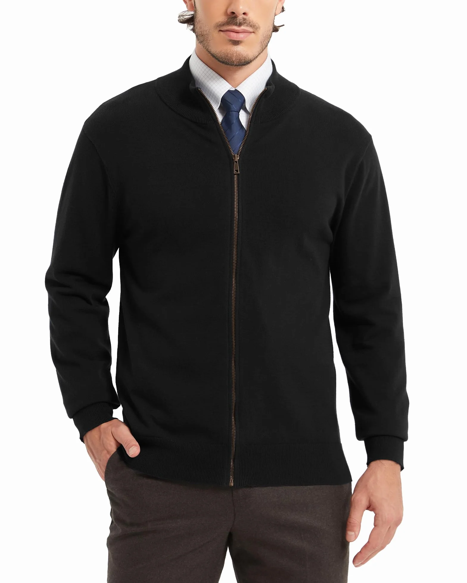 Kallspin Herren 100% Baumwolle Stehkragen Langarm Strickjacke mit Reißverschluss Casual Feinstrick Pullover