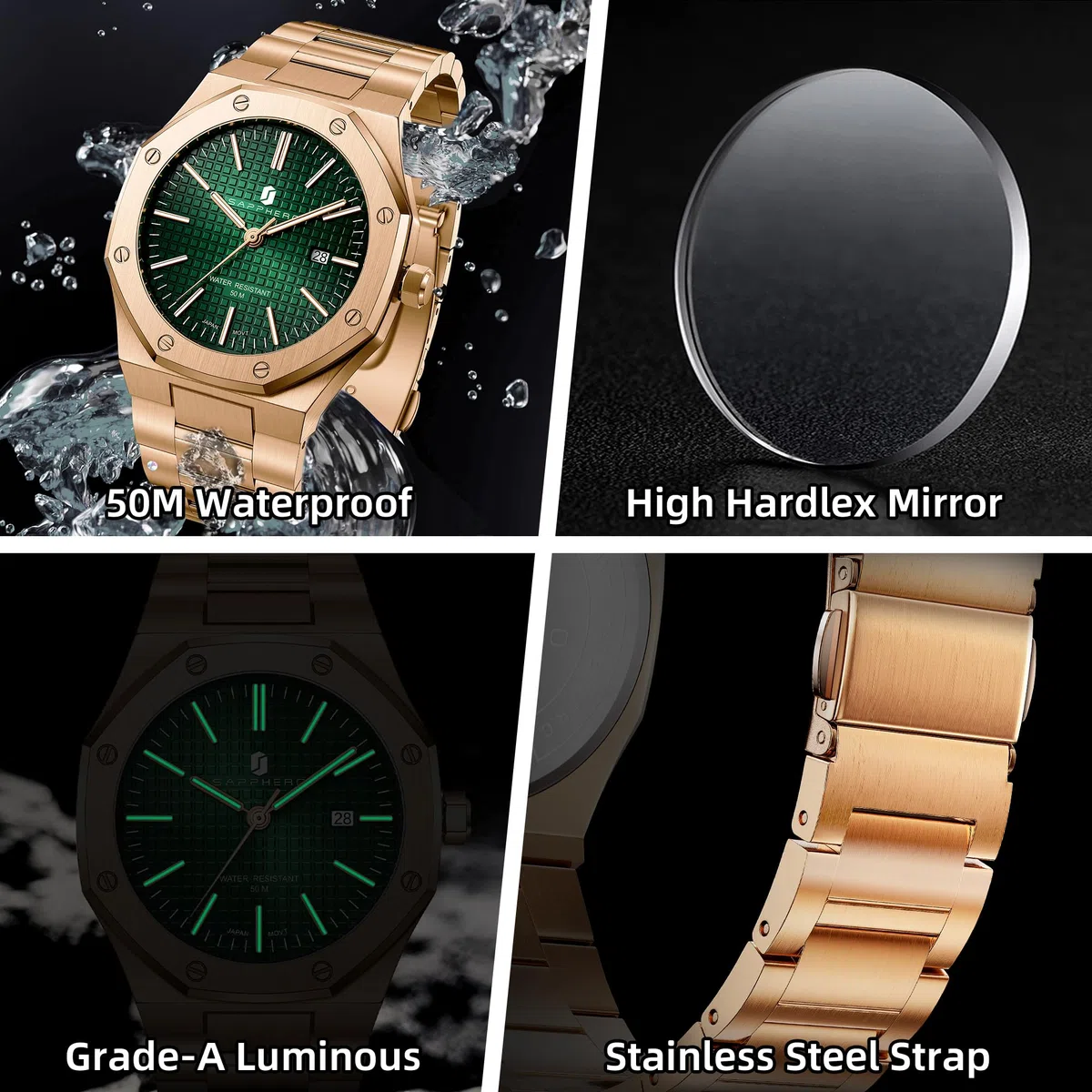 SAPPHERO Uhren Herren Quarzwerk Silber Edelstahl Armband 50M Wasserdicht Datum Kalender Schwarz Blau Herrenuhren Armbanduhr Geschenke für Männer