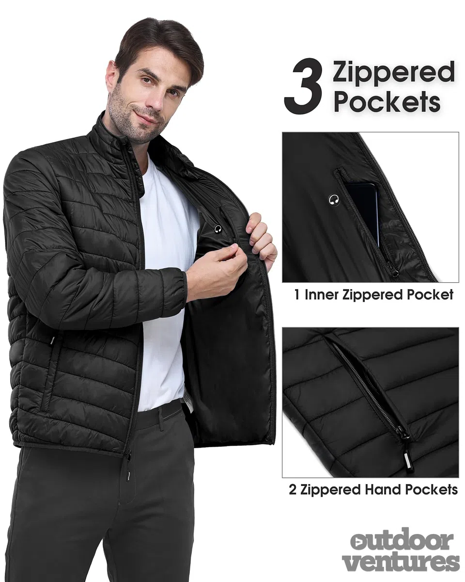 Outdoor Ventures Herren Steppjacke Packbare Leichte Warme Übergangsjacke Herren Wasserfeste Pufferjacke mit 3 Taschen für Outdoor Casual Wandern