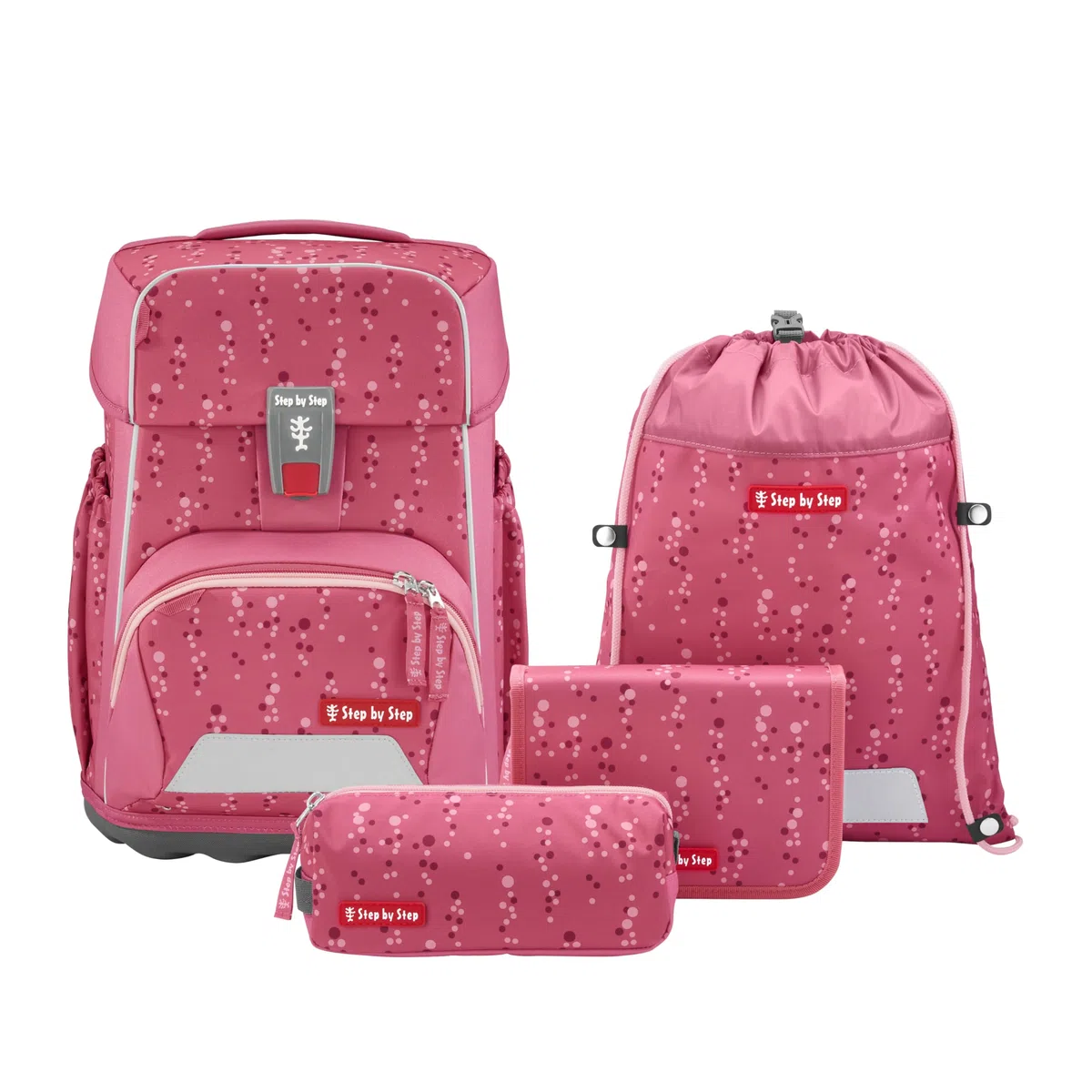 Step by Step Basis Schulranzen-Set „Pink Bubbles“, 4-teilig, rosa, ergonomischer Tornister mit Reflektoren, Hüft- und Brustgurt, für Kinder ab der 1. Klasse, 20 Liter