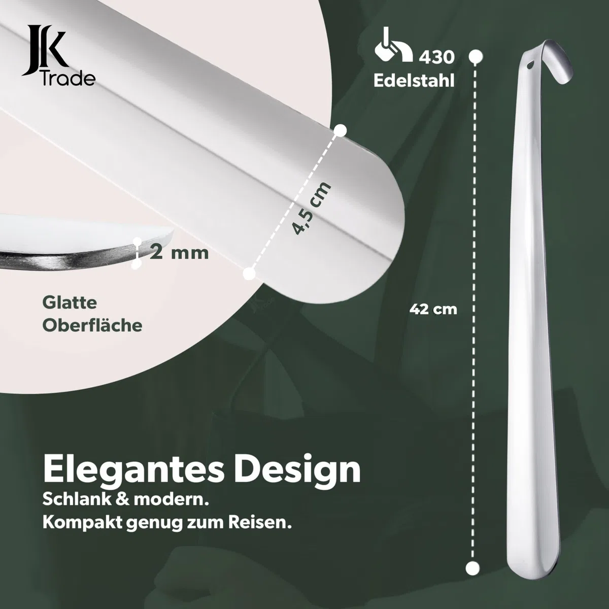 JK Trade® 42cm STABILER Edelstahl Schuhlöffel Lang | 2mm polierter Metall Schuhanzieher Lang zum Stehen | Schnell & Einfach | optimierte Länge & Breite | Shoe Horn | Aufhängbar