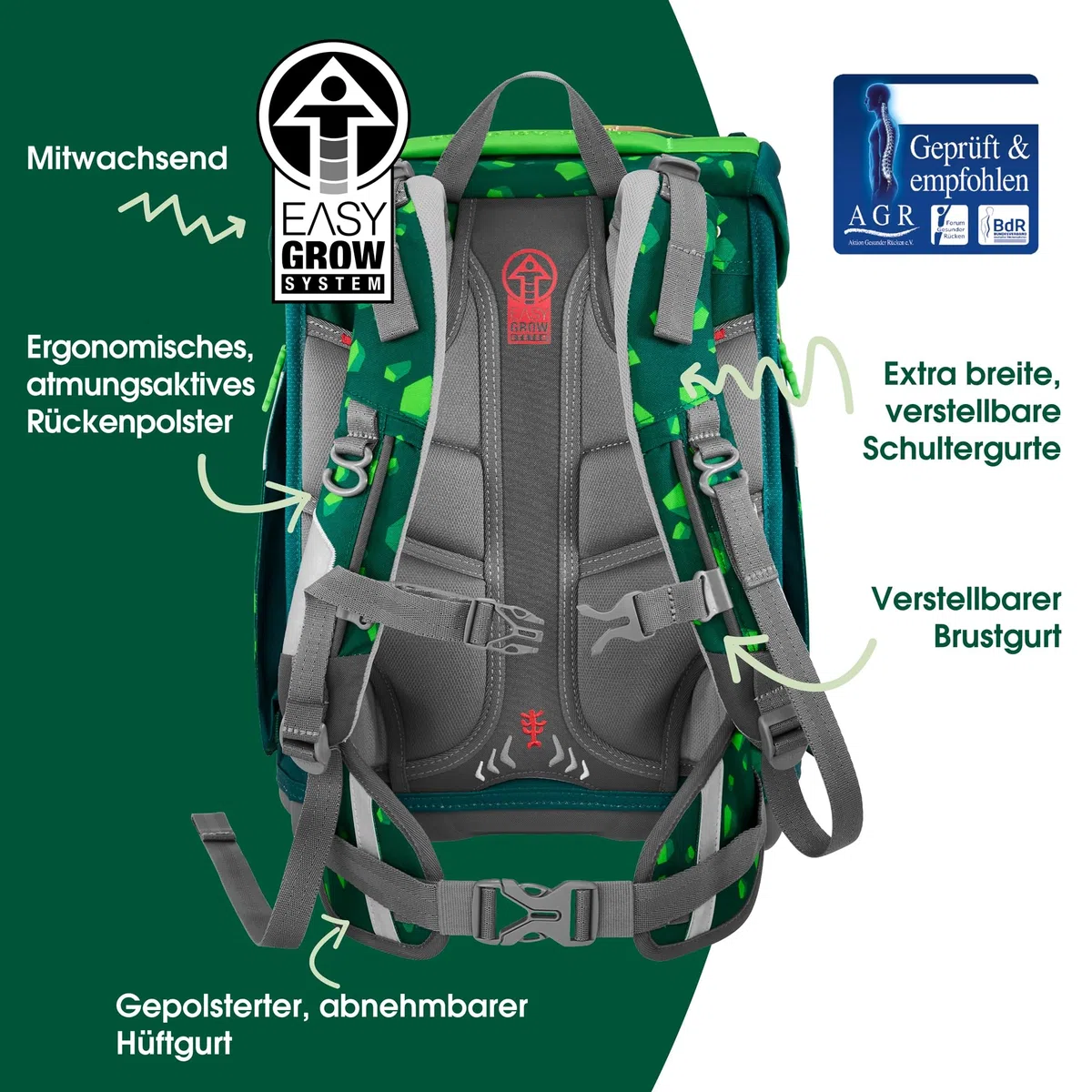 Step by Step Schulranzen-Set SPACE „Dino Targo“ 5-teilig, grün, Dino-Design, ergonomischer Tornister mit Reflektoren, höhenverstellbar mit Hüftgurt für Jungen ab der 1. Klasse, 20L
