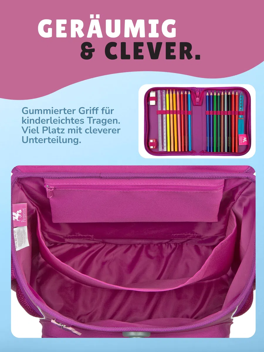 Familando - Scooli Campus Fit Schulranzen Set - 9-teilig mit Sporttasche - Pegasus Violett - Ergonomisch, Stabil & 980g leicht - 18L Volumen - Brustgurt & Reflektoren - Für Grundschule ab 1. Klasse