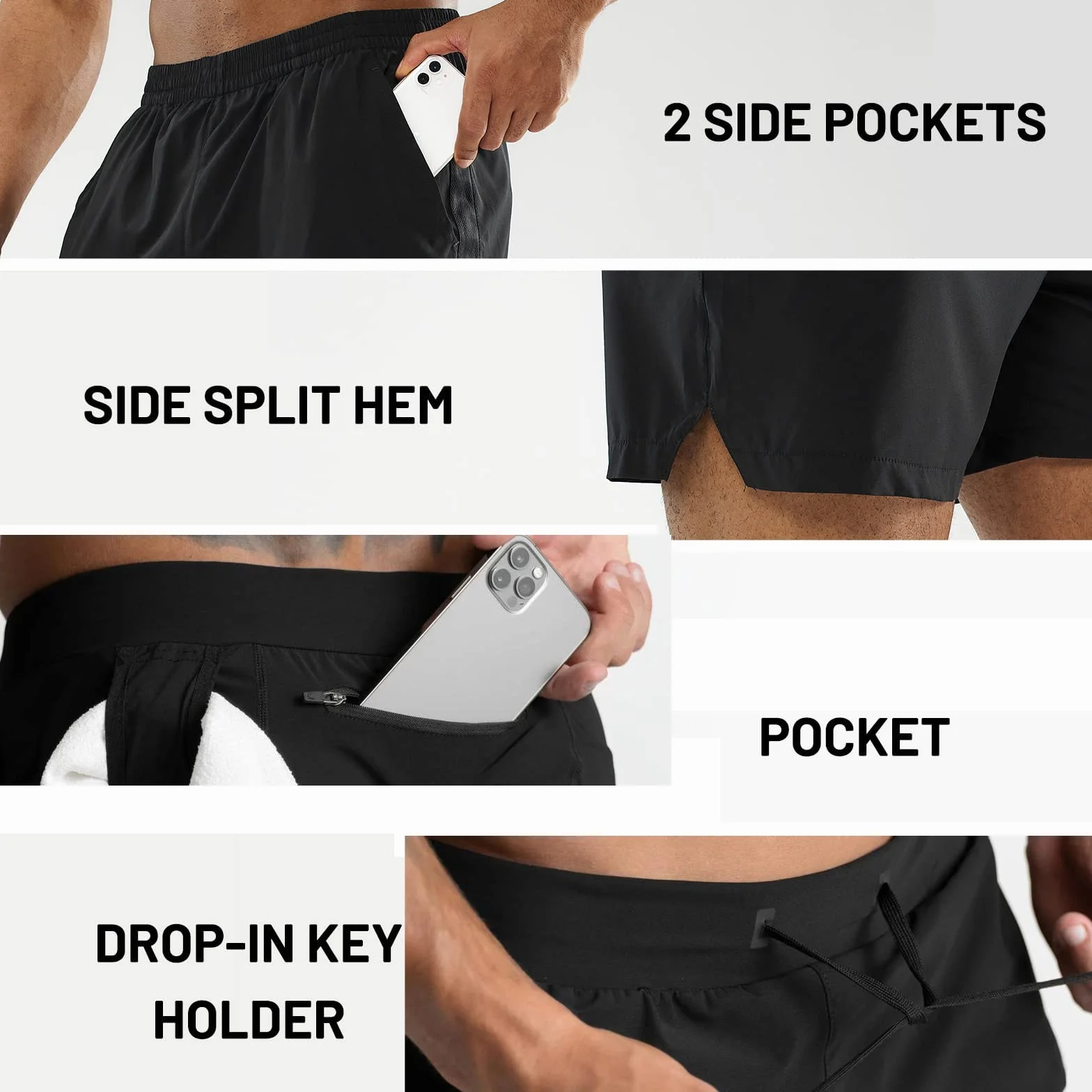 Herren Sport Shorts Kurze Hose Schnell Trocknend Sporthose Schnelltrocknende Laufshorts Gym Trainingsshorts Kurze Schnell Trocknend Reißverschlusstasche, Camouflage Grau