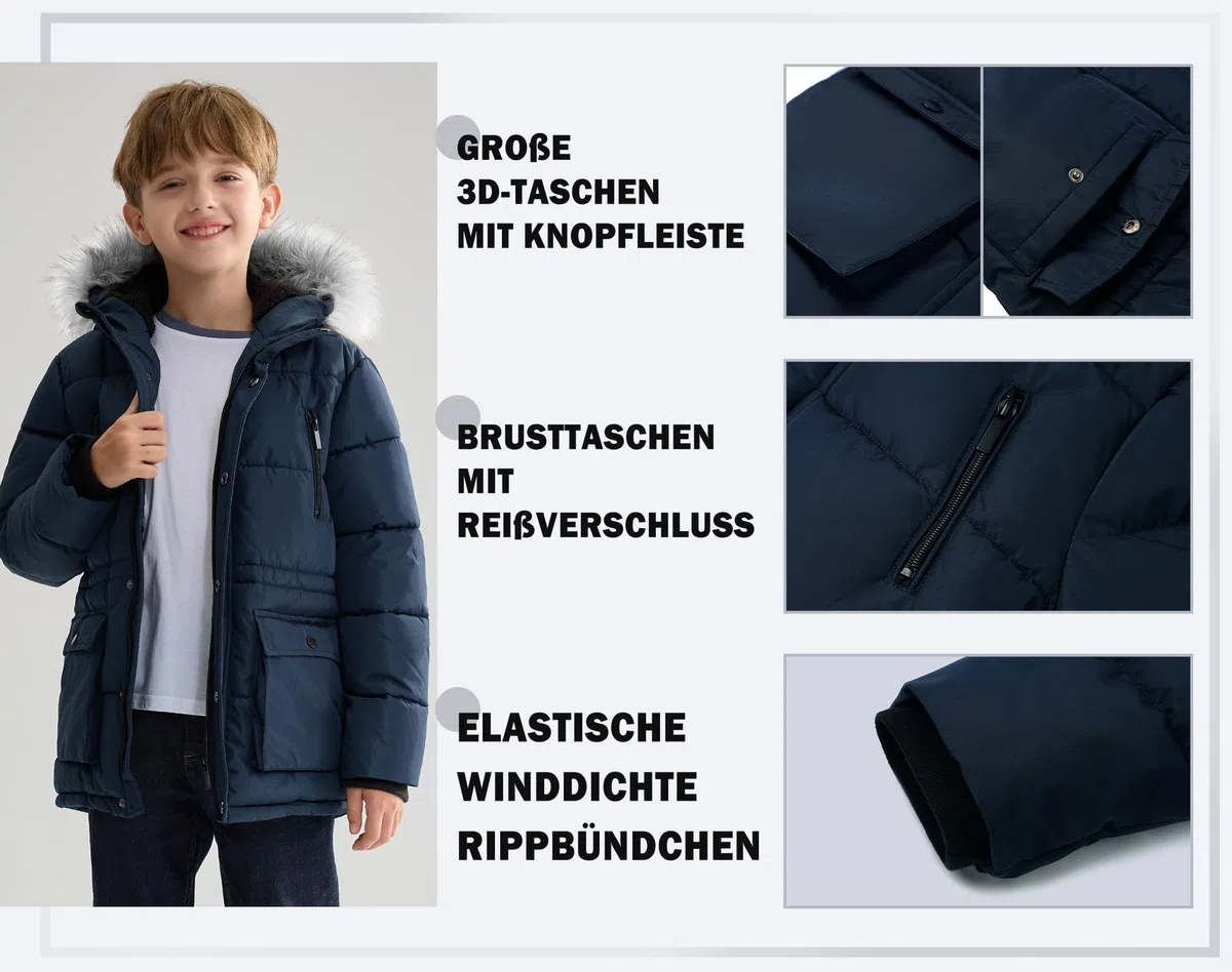 maoo garden Jungen geschwollener Wintermantel Große Kinder Schwergewicht Sherpa gefüttertes Fell Kapuzen-Outdoorjacke Wasserabweisender Schneeparka
