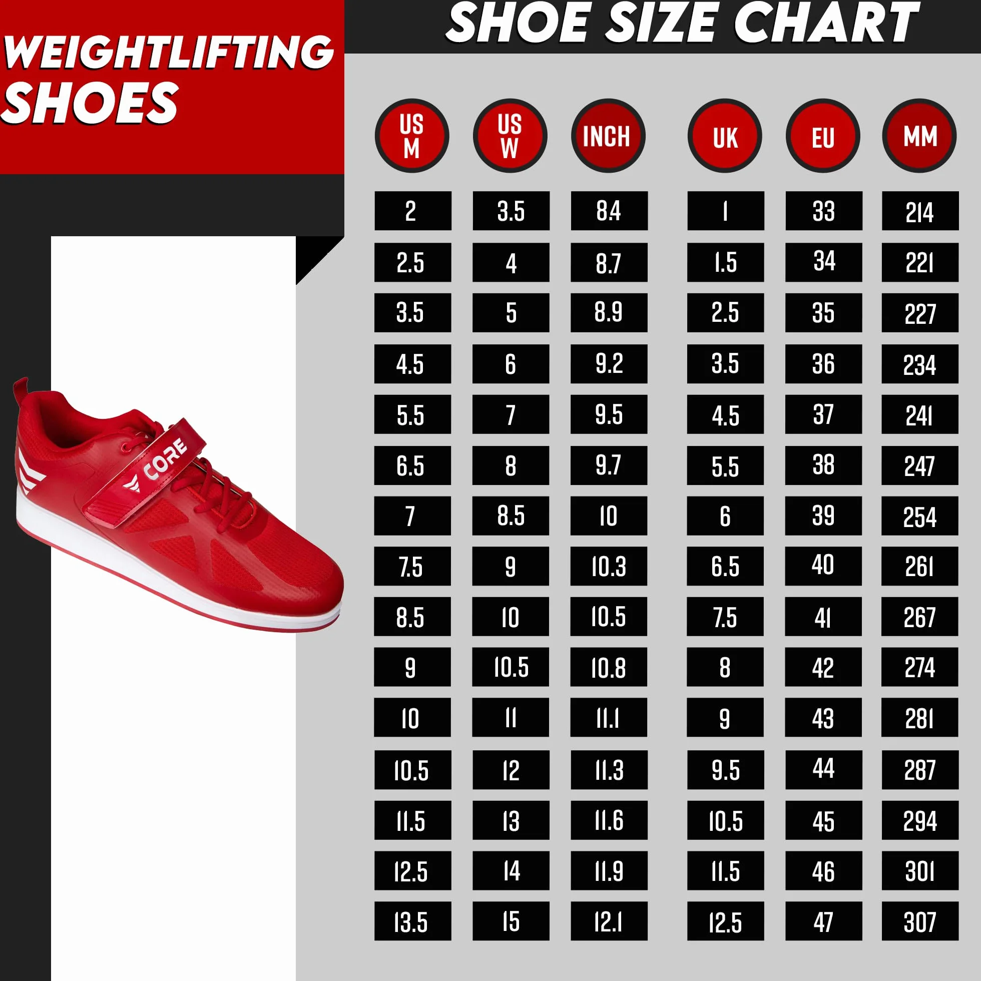 Nordcore Gewichtheberschuhe, Powerlifting Schuhe, Gewichtheberschuhe für Herren und Damen, Shoes for Weightlifting and Bodybuilding, Squat Schuhe, Gewichtheber Schuhe, Kreuzheben Schuhe Rot