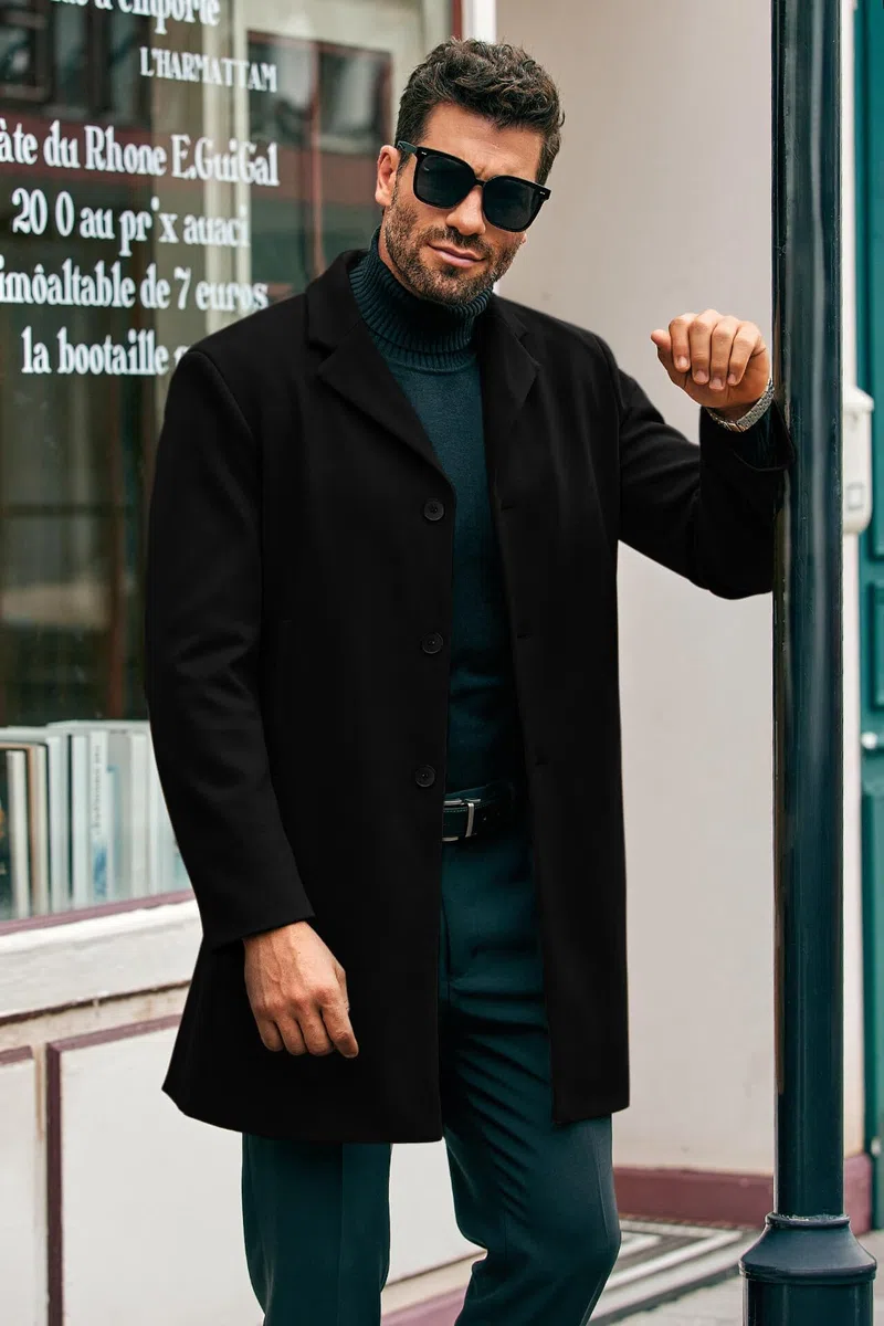 Runcati Herren Mantel Lange Trenchcoat Slim Fit Winter Kerbkragen Jacke Einreiher Business Overcoat