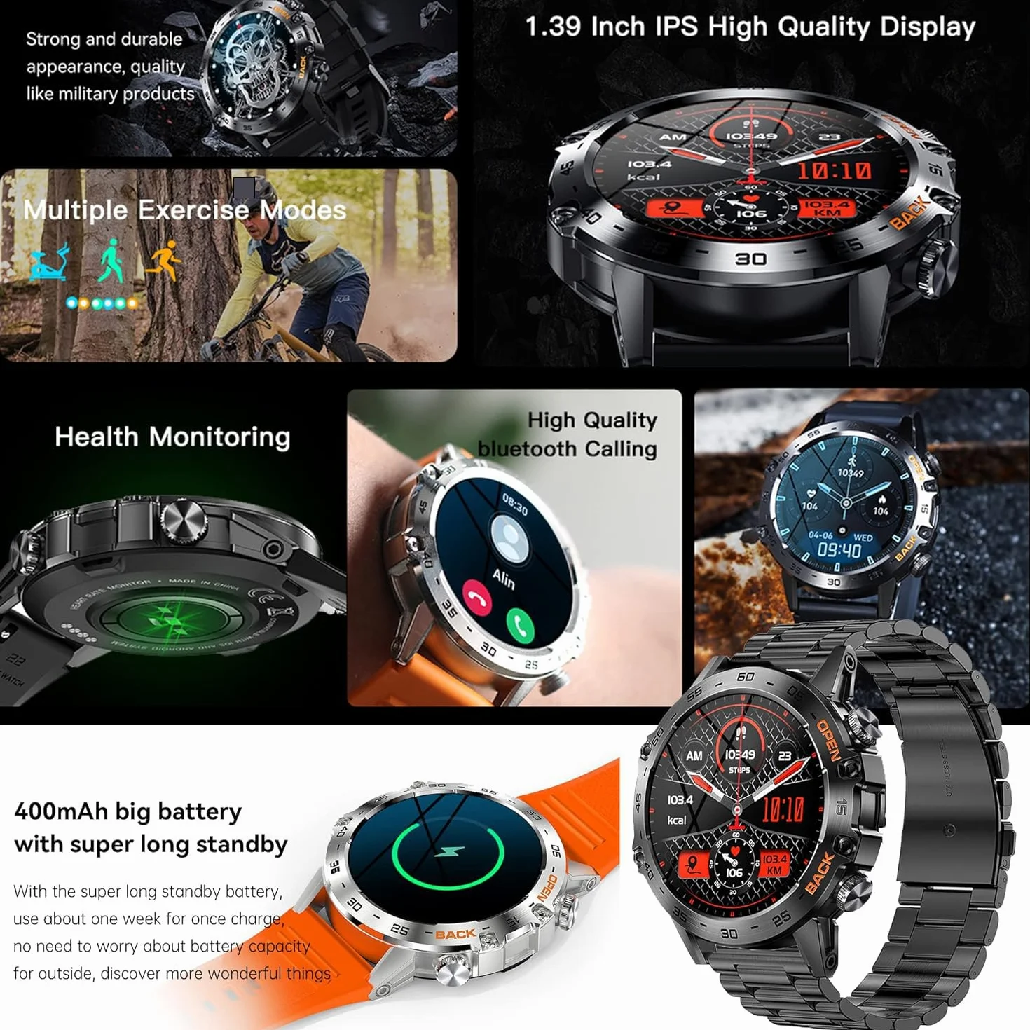 Smartwatch Herren mit Telefonfunktion,1,39”Touchscreen 5ATM Wasserdicht Sportuhr mit Blutdruckmessung, SpO2, 100+ Sportmodi, Outdoor Fitness Tracker Militär Uhr kompatibel mit iOS Android (Schwarz)