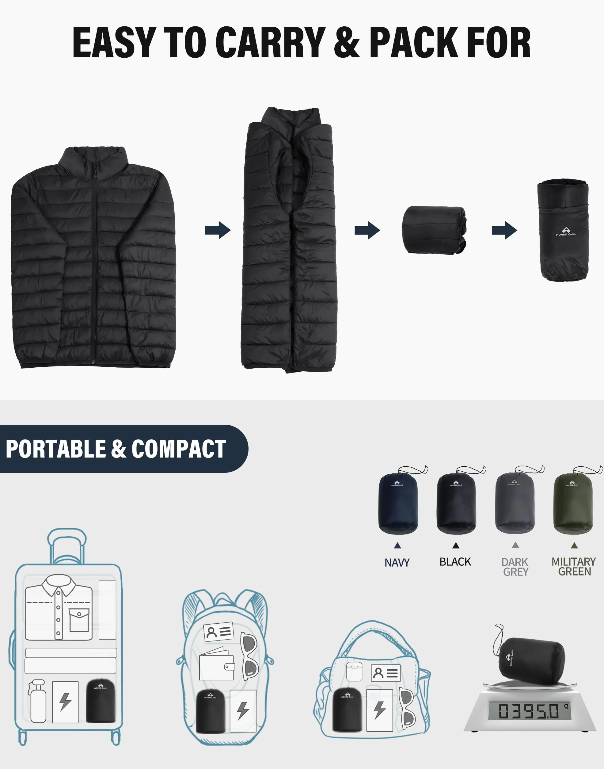 Pioneer Camp Winterjacke Herren Verpackbar Outdoor Wasserdicht Puffer Jacke Mit 4 Taschen für Freizeit, Wandern & Reisen