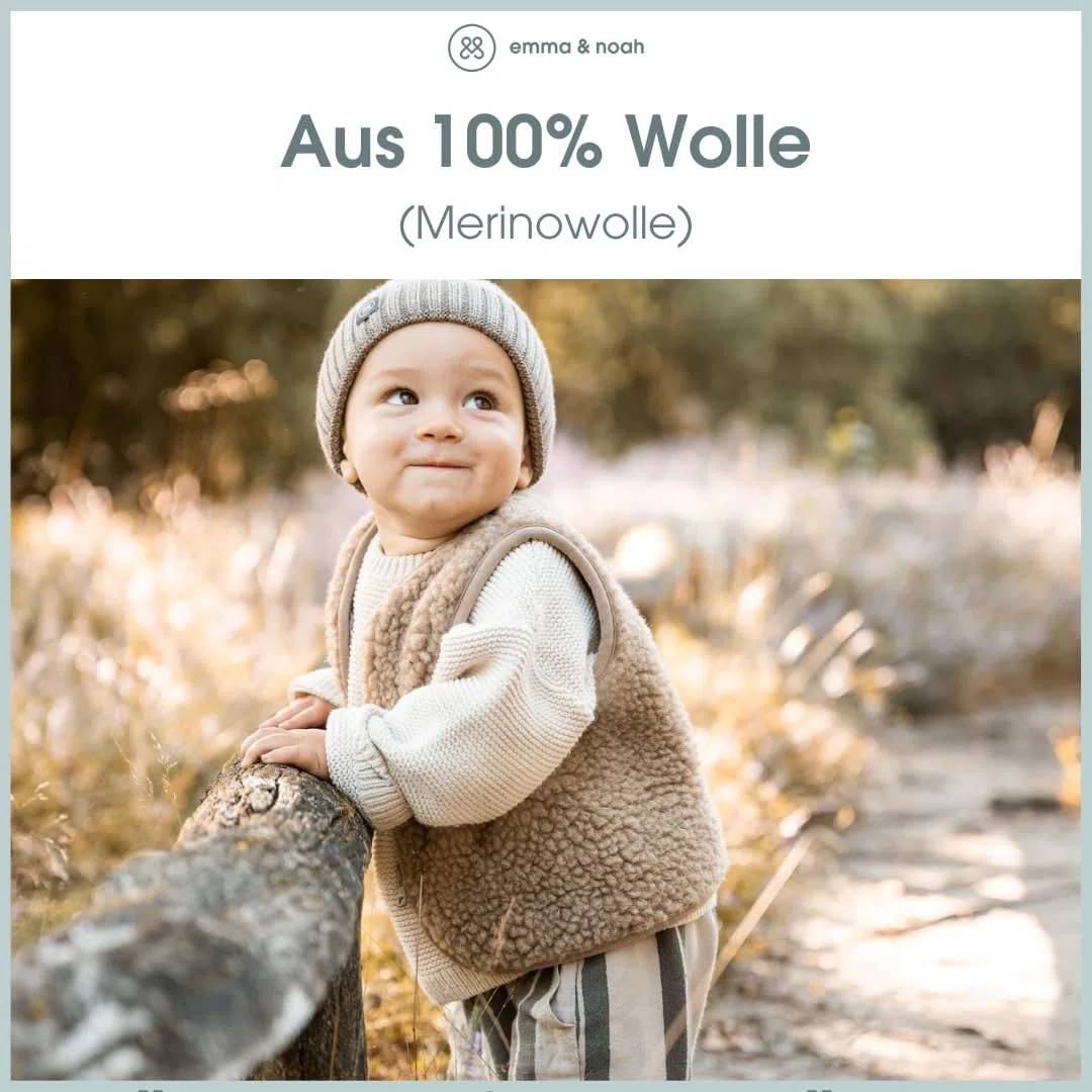 emma & noah Merino Teddy Weste für Kinder, weiche Wollweste aus 100% Merino Wolle, atmungsaktiv & wärmend, mitwachsend