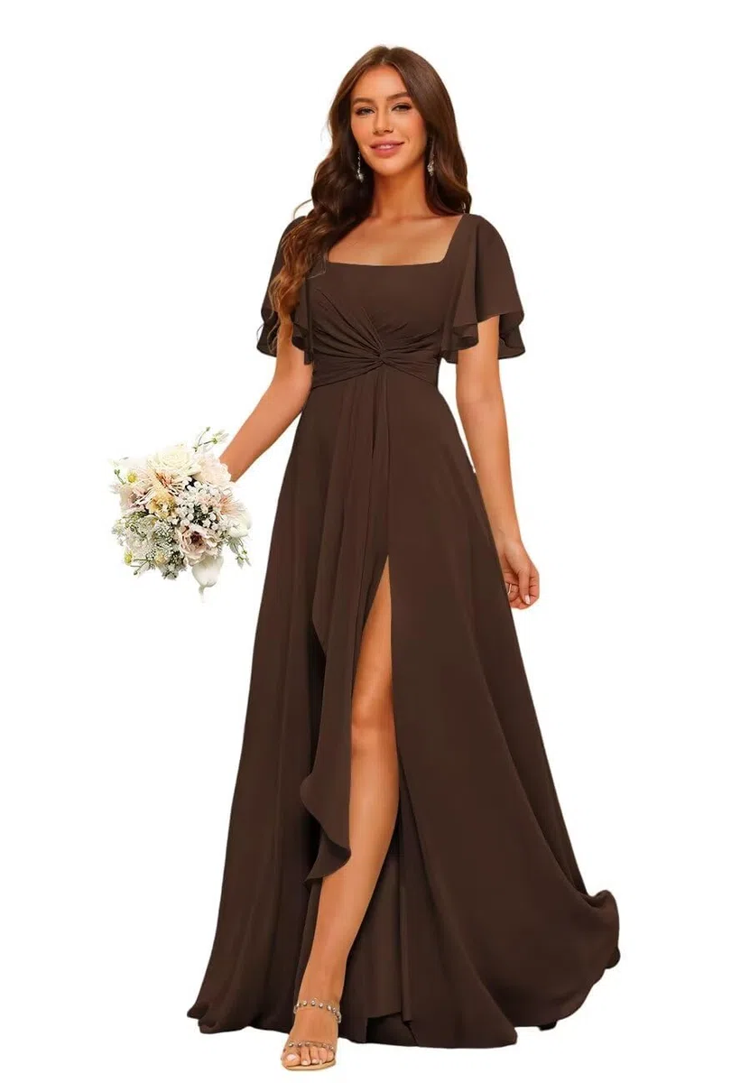 HUINI Chiffon Damen Rüschenärmel Brautjungfernkleider Falten Abendkleid Damen Lang Partykleid mit Schlitz