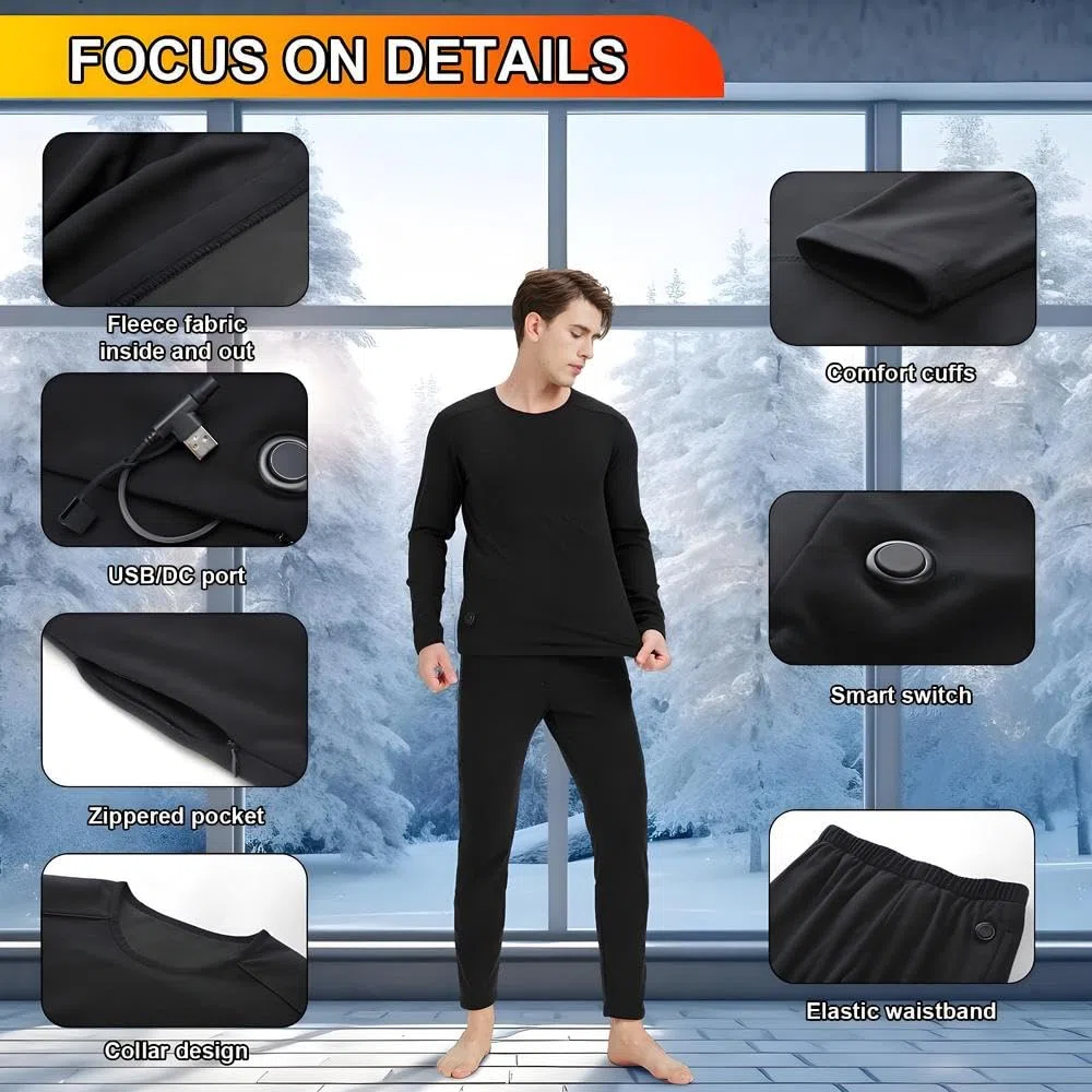 Beheizte beheizbare Unterwäsche Set Herren USB-Aufladung 42 Zonen intelligent beheizbar Thermounterwäsche Oberteile Hosen & S