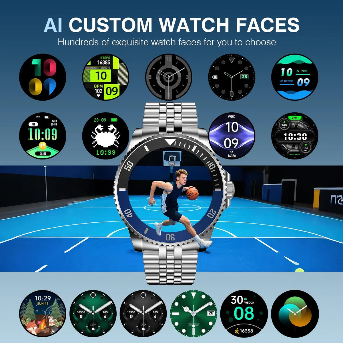 AI Smartwatch Herren, 1,19'' AMOLED Smart Watch mit Bluetooth Anrufe, 107 Sportmodi Fitnessuhr mit Herzfrequenz Schlafüberwachung Schrittzähler, IP67 Wasserdicht Runde Uhr für iOS Android Silber
